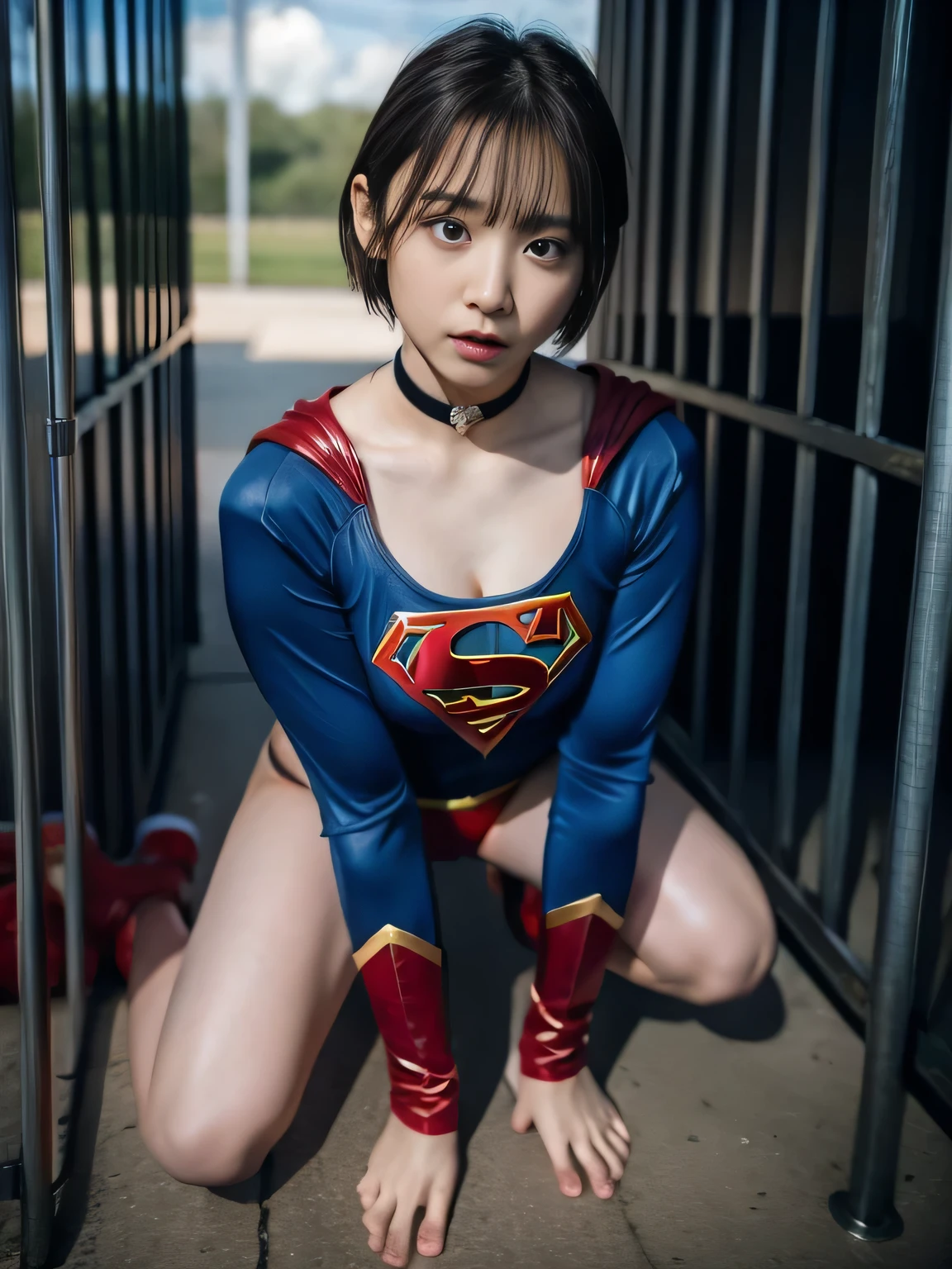 masterpiece、supergirl costume、short hair、barefoot、big and full breasts、Crisis situation、Complete surrender、prison、in a cage、sense of abuse、kneel down、sweaty、shiny、looking at camera、Seduce、choker、long sleeve、red sexy pose、POW camps、humiliating、