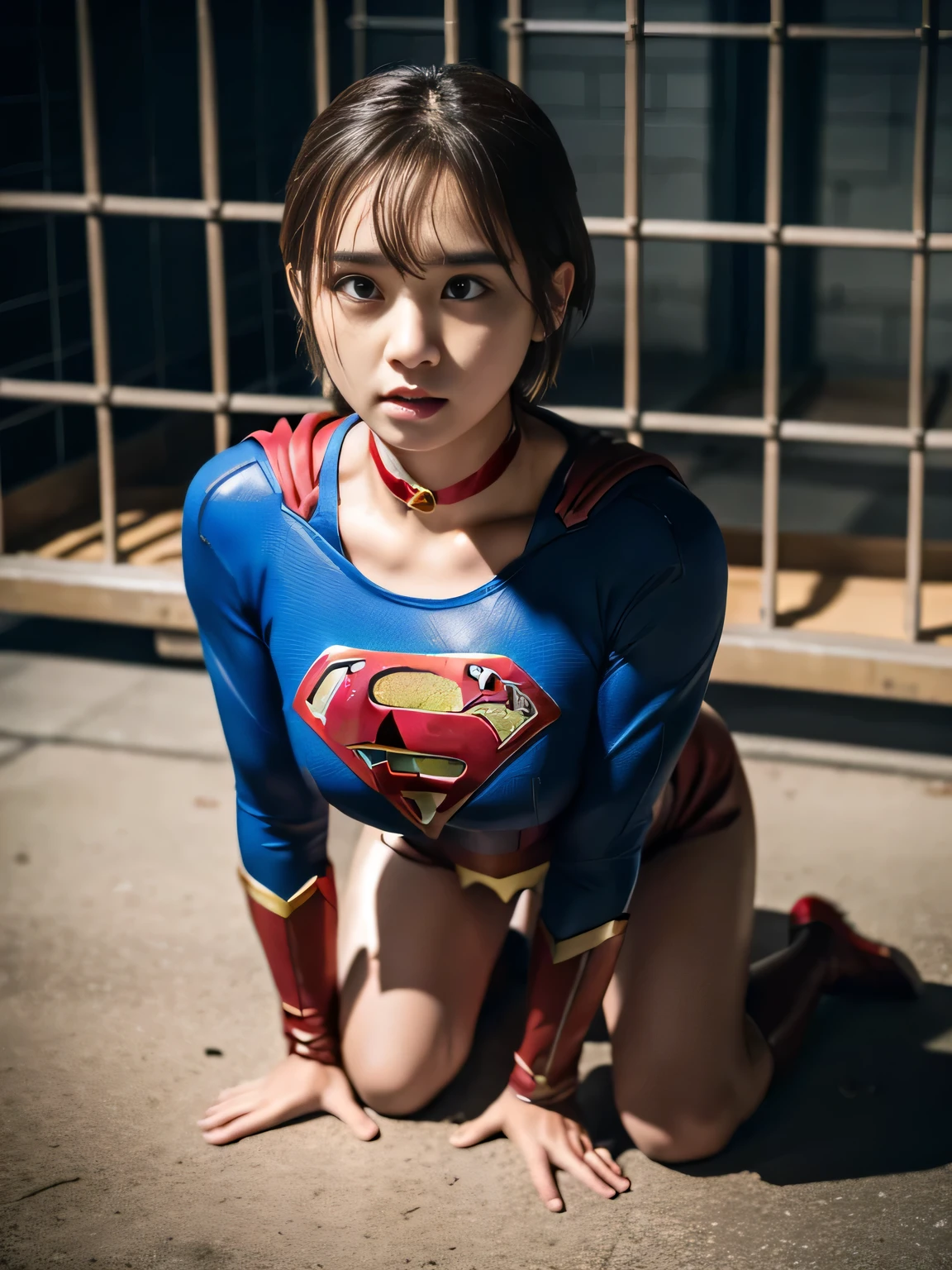 masterpiece、supergirl costume、short hair、barefoot、Big and full breast station、Crisis situation、prison、in a cage、sense of abuse、kneel down、sweaty、shiny、looking at camera、Seduce、choker、long sleeve、red sexy pose、POW camps、humiliating、