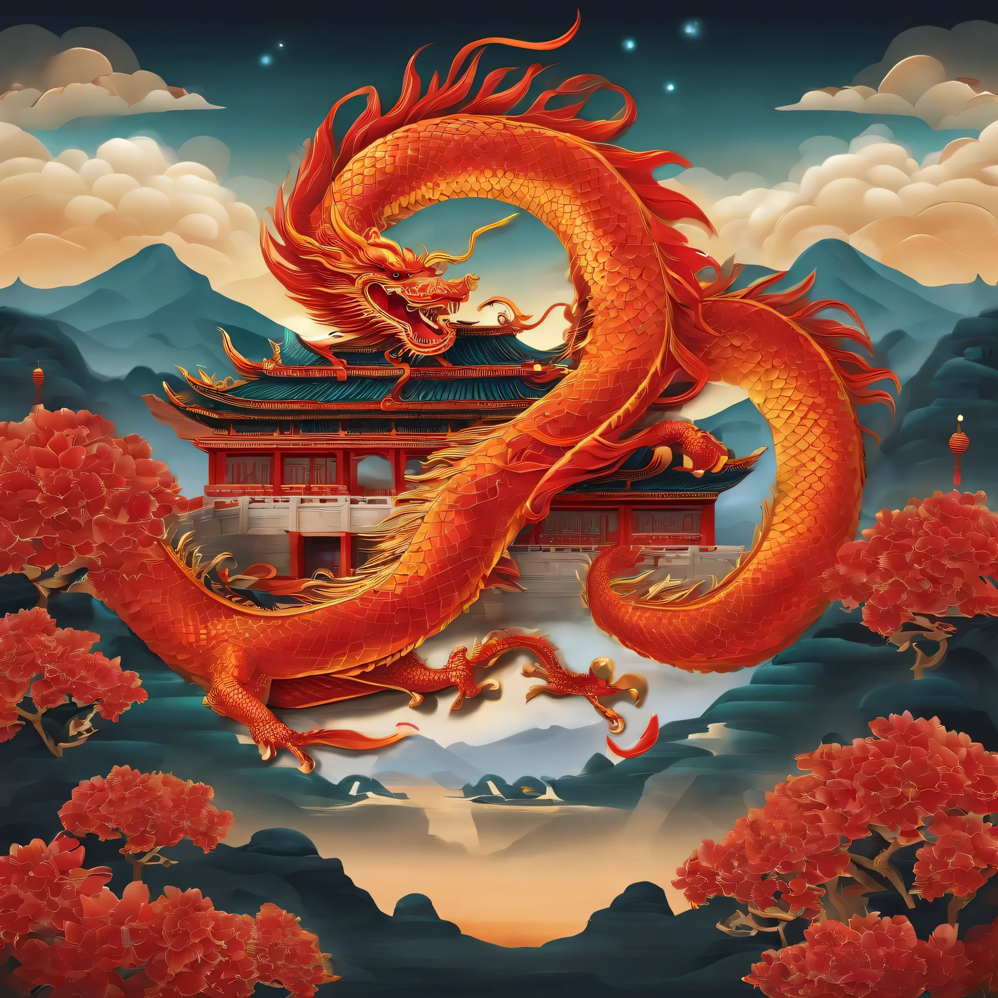 A majestic Chinese dragon dominates the scene with bright and colorful scales。Longan、Details and intricate features such as the mouth and long beard were carefully designed，Convey wisdom and wisdom。The essence of the dragon symbolizes good luck in the Year of the Dragon、Prosperity。This artwork is inspired by traditional Chinese art，Blending rich cultural heritage with modern sophistication。
This artwork takes the form of an elaborate painting，Depicting the glory of the dragon。The medium used combines traditional illustration techniques with digital rendering，created a masterpiece that showcases the best of both worlds。This picture is of the highest quality，Featuring ultra-detailed and realistic elements。Bright colors、Energetic，Main color is red, Symbolizes luck and good luck.，Complements other complementary shades。
The scene is set in a quiet environment，The sky is clear，good weather。The scenery is the majestic Great Wall of China，Representing China’s rich cultural heritage。The image is decorated with lanterns and firecrackers，Add holiday color，Symbolizes joy and celebration。The sky is full of auspicious clouds，Give people a kind of peace、A feeling of tranquility。
as a second background，The artwork features the iconic Chinese yin and yang symbol，represents balance and。Complex Bagua patterns are integrated into the composition，Symbolizes wisdom and knowledge。This adds a deeper meaning to the artwork，Highlight the importance of wisdom in Chinese culture。
The overall lighting of the venue has been carefully designed，To enhance the atmosphere。Soft and warm light illuminates the dragon，Highlight its majestic features，Create a sense of awe and reverence。The composition is very detailed，Focus on balance and symmetry，Create visually appealing images。
此提示旨在生成Energetic且令人惊叹的艺术品，Celebrating the Chinese dragon and its significance in Chinese culture。Summarizes the essence of the Year of the Dragon，fusion of traditional arts、bright colors、Auspicious symbolism and a sense of serenity and celebration。
