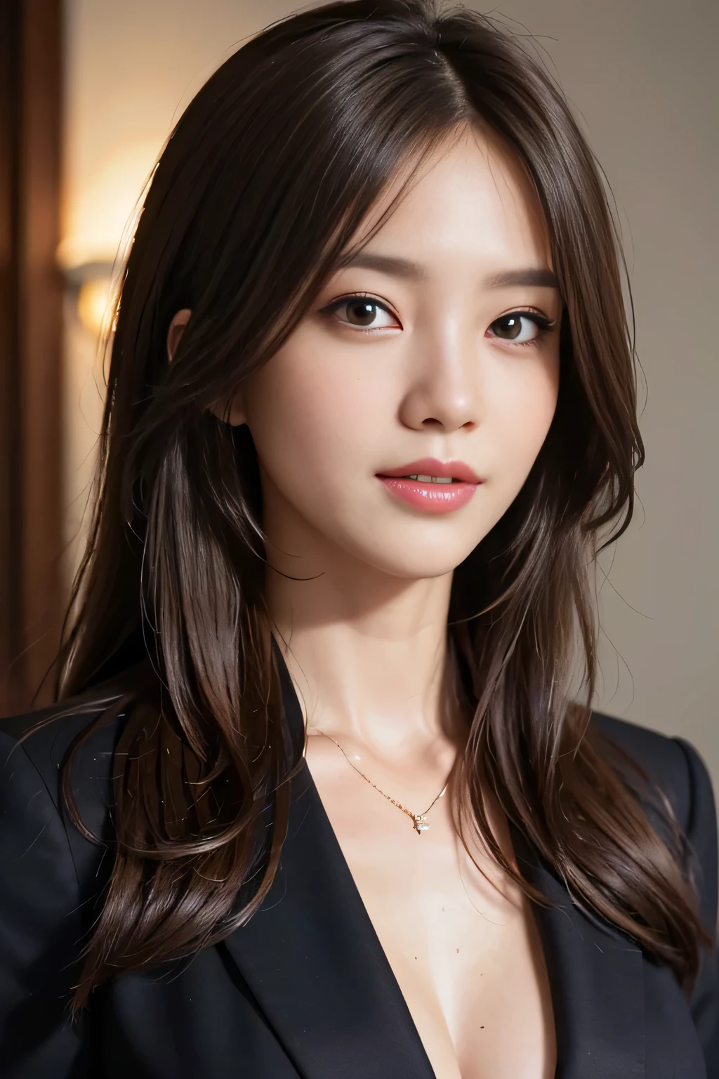 masterpiece, highest quality, realistic, Super detailed, attention to detail, High resolution, 8k wallpaper, one beautiful woman,, light brown messy hair, wearing a business suit, sharp focus, perfect dynamic composition, beautiful and detailed eyes, thin hair, Detailed realistic skin texture, smile, close-up portrait, model body shape