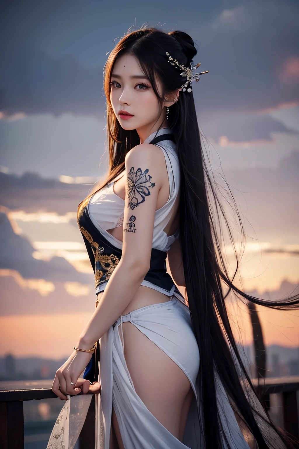 Photorealistic, high resolution, 1 woman, hips up, Beautiful eyes, Long hair, ringed eyes, jewelry, tattoo, hanfu, Chinese fairy, taoist uniform