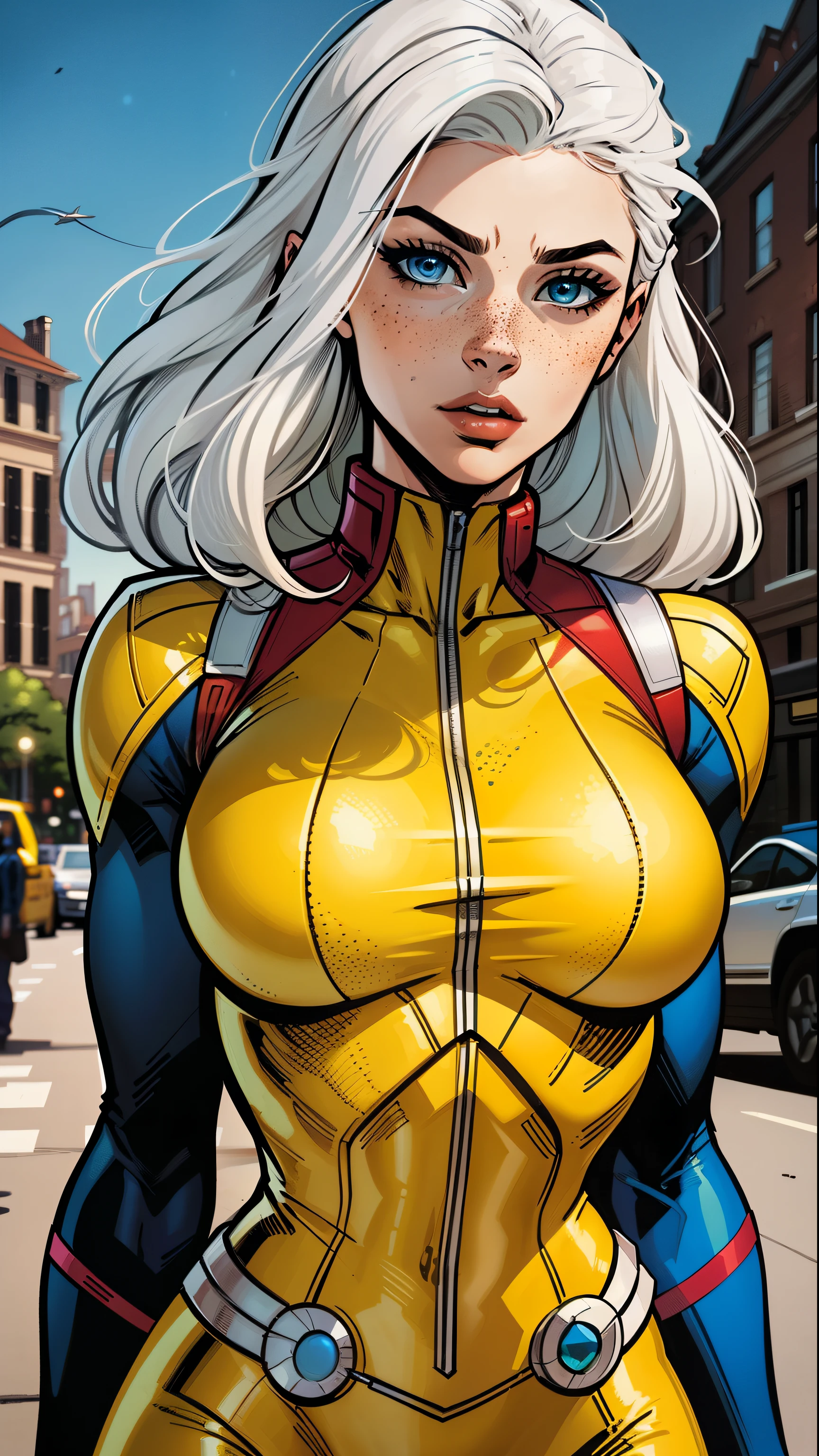 A woman, white hair, hair with bangs, 90's x-men uniform, outside, Marvel art style, comic, blue eyes, some freckles, dark yellow spandex