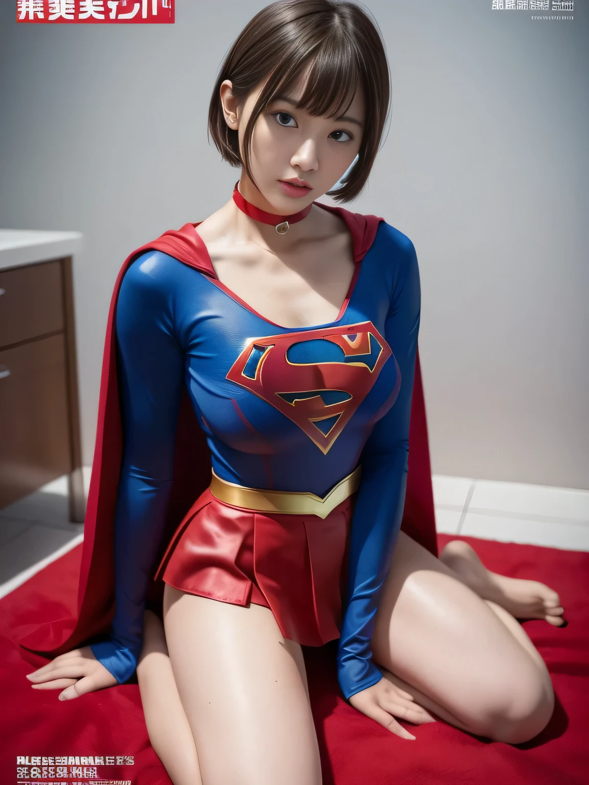 masterpiece、supergirl costume、short hair、barefoot, big and full breasts、test subject、operating room、operating table、straddle、sweating、shiny、look at the camera、sense of abuse、Estrus、choker、Weekly magazine cover、long sleeve、red mini skirt、obscene pose、Seduce、humiliating、Dosing experiment、