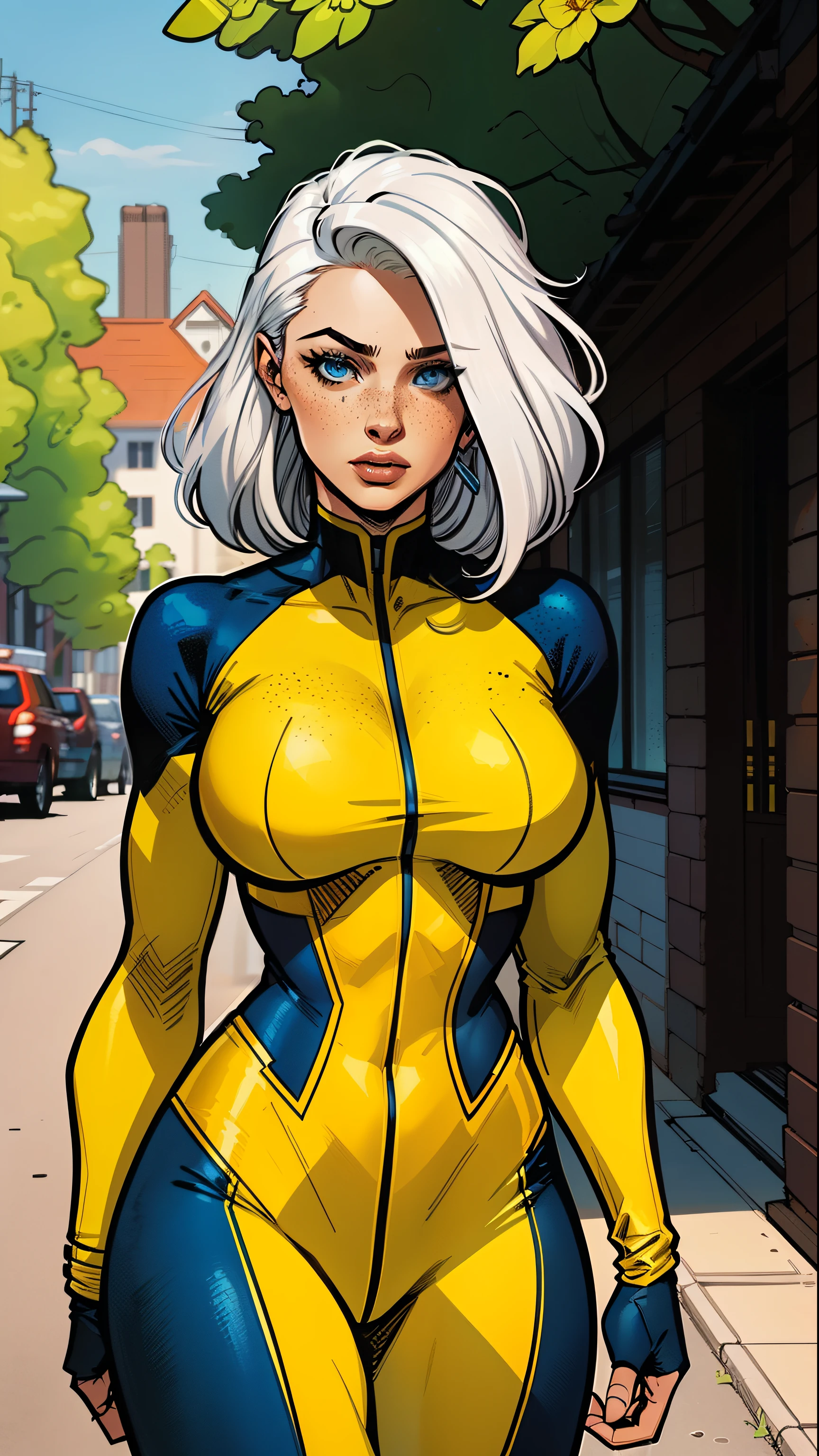 A woman, white hair, hair with bangs, 90's x-men uniform, outside, Marvel art style, comic, blue eyes, some freckles, dark yellow spandex