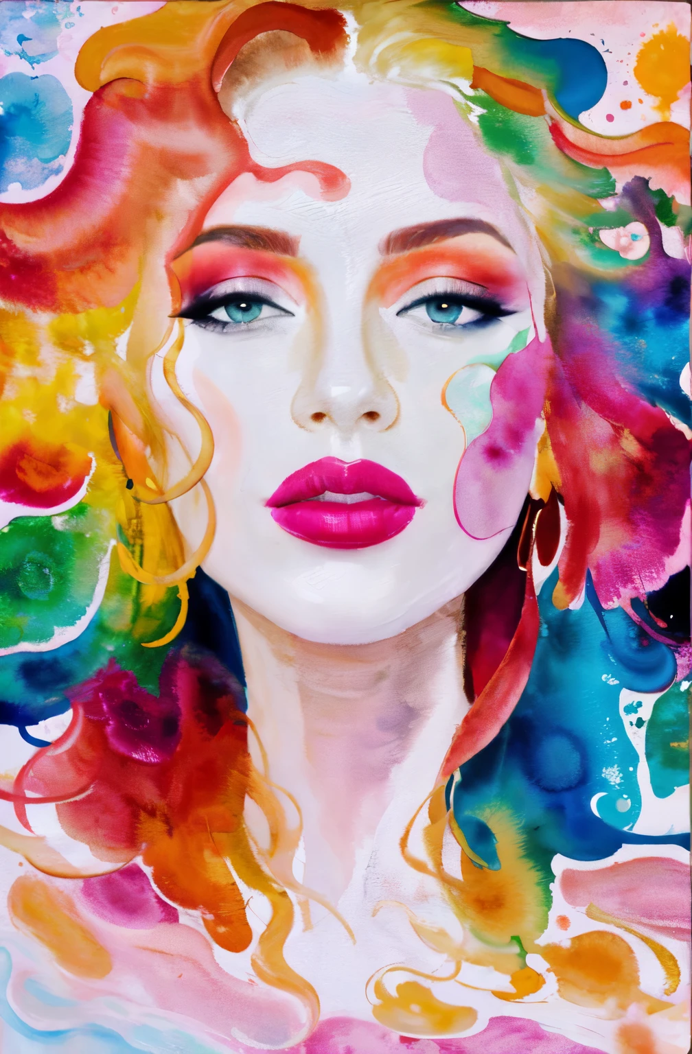a painting of a woman with a colorful hair and a bright background, intense watercolor, vibrant watercolor painting, abstract portrait, beautiful acrylic fluid portrait, painting of beautiful, colorful art, watercolor colored painting, beautiful art uhd 4 k, painted in bright water colors, expressive beautiful painting, vibrant watercolor, colorful watercolor painting, watercolor detailed art, colorfull painting, with beautiful colors