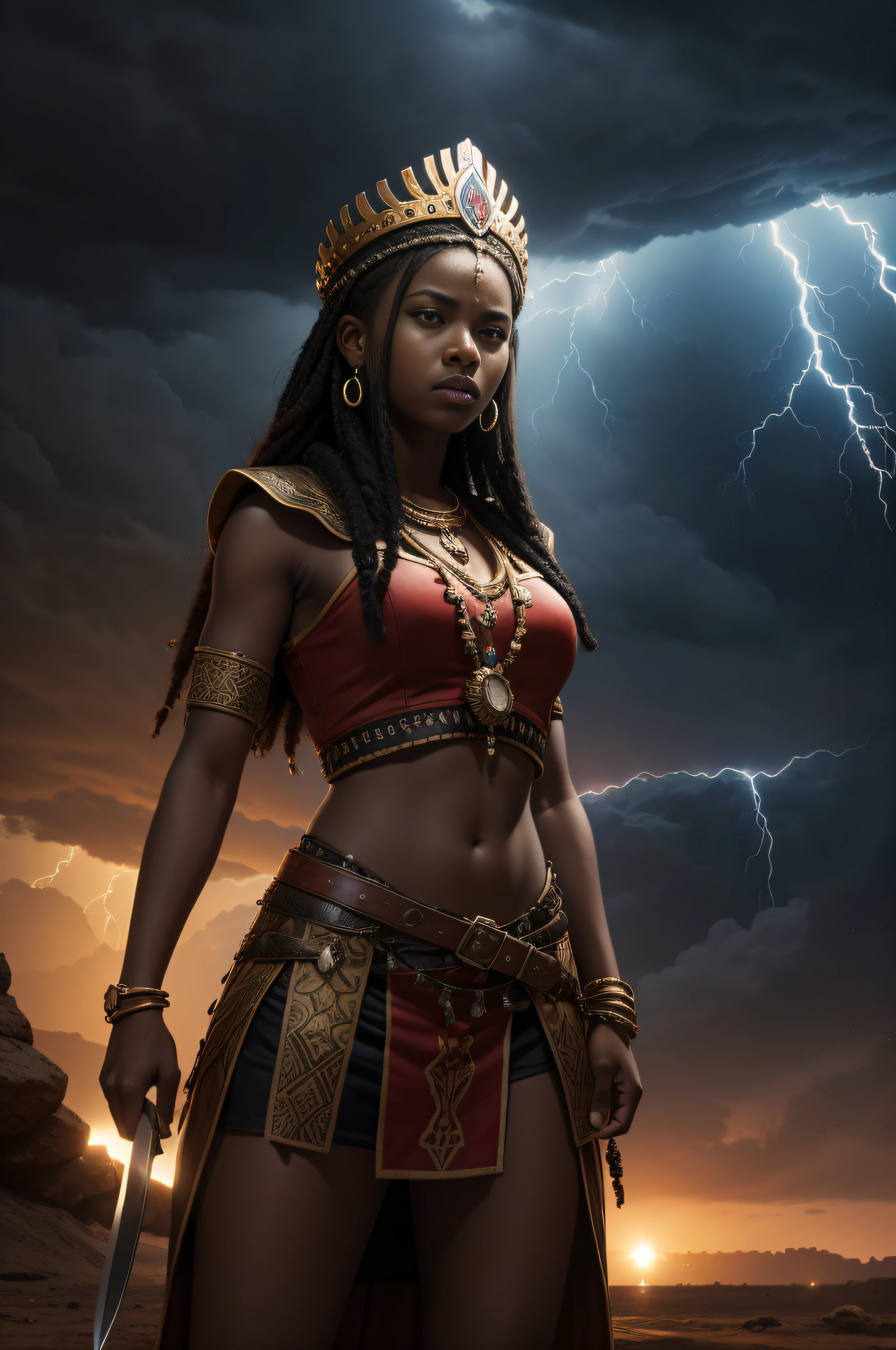 Obra Prima , raw camera , Foto Realista , Iansã , knives in the hands , African crown on head , vestimento Africano , tons em vermelho , the bravest warrior of the Yabás (Orishas women) com temperamento forte e personalidade marcante ,has the dominance of storms and weather phenomena, ela controla os ventos, The rains and thunder, 4k