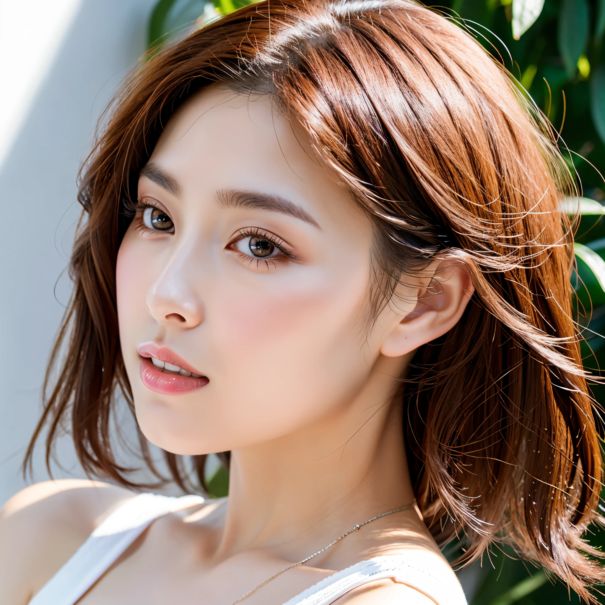 (highest quality、table top、8k、best image quality、Award-winning work)、One cute beauty、(straight short hair:1.1)、(alone:1.1)、(white tank top:1.2)、(The simplest pure white background:1.5)、(Perfectly fixed at the front:1.1)、close up of face、(small flat chest:1.25)、(emphasize body line:1.25)、close up of face、(Perfect female frontal and horizontal portrait with proper margins:1.2)、(A perfect feminine expression whether viewed from the side or from the front.:1.2)、beautiful and detailed eyes、look at me and smile、(Upright photo from the chest up:1.2)、(turn around and look straight at me:1.2)、perfect makeup、Ultra high definition beauty face、ultra high definition hair、Super high-definition sparkling eyes、Super high resolution perfect teeth、Super high resolution glossy lips、accurate anatomy、very beautiful skin、(Pure white skin shining in ultra-high resolution:1.1)、Elegant upright posture when viewed from the front、(very bright:1.3)
