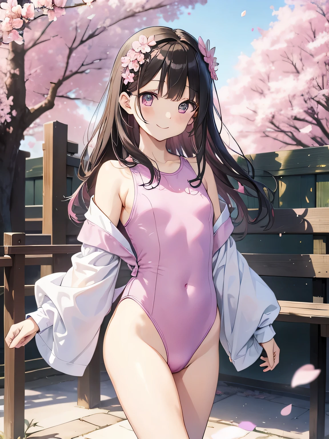 highest quality、best image quality、beautiful eyes、very delicate and beautiful、beautiful eyes、pink eyes、I、I、11 year old girl、Japanese、、Chiquita、Noble、primary school student、black hair、barefoot、（judo）、(((The lower body is a pink leotard)))、（High leg）、tiara on head、dull smile、standing and facing forward、The background is a row of cherry blossom trees