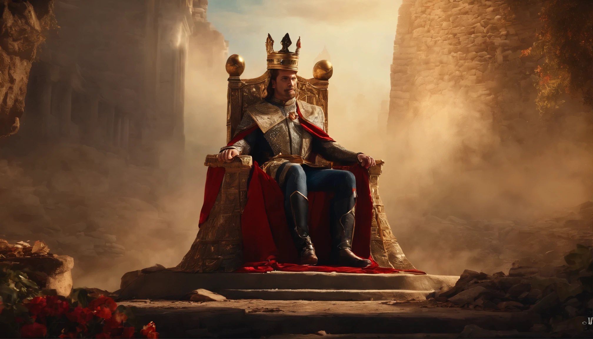 in the center of the image a king on his throne. all the sophistication that the position requires, including its crown. and around the throne, rubble of what was once a castle.