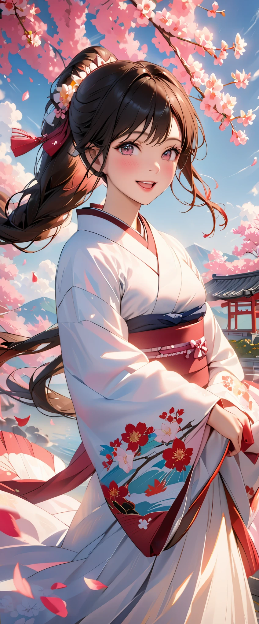 masterpiece, (lifelike:1.5), lifelike的眼睛, asian woman, best quality, beautiful lights, professional lighting, photon mapping, Radiosity, Physically based rendering,, Kamado Nezuko, 1 girl, black hair, forehead, hair ribbon, japanese clothes, kimono, long hair, colorful hair, open mouth, pink eyes, pink kimono, pink ribbon, ribbon, Smile, very long hair, Sky, ((getting old)),, (original photo, 8K Ultra HD, film grain)