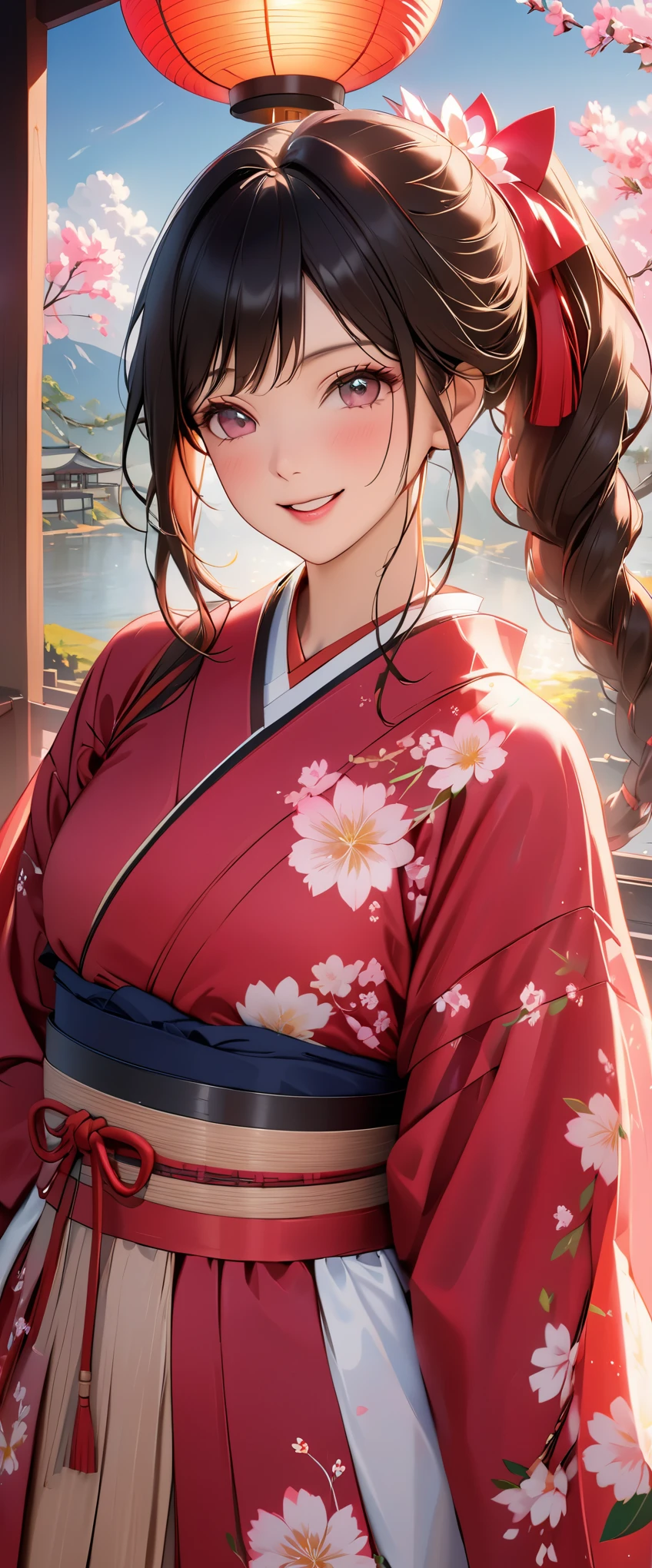 masterpiece, (lifelike:1.5), lifelike的眼睛, asian woman, best quality, beautiful lights, professional lighting, photon mapping, Radiosity, Physically based rendering,, Kamado Nezuko, 1 girl, black hair, forehead, hair ribbon, japanese clothes, kimono, long hair, colorful hair, open mouth, pink eyes, pink kimono, pink ribbon, ribbon, Smile, very long hair, Sky, ((getting old)),, (original photo, 8K Ultra HD, film grain)
