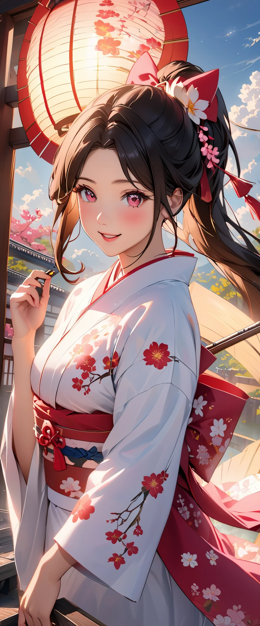 masterpiece, (lifelike:1.5), lifelike的眼睛, asian woman, best quality, beautiful lights, professional lighting, photon mapping, Radiosity, Physically based rendering,, Kamado Nezuko, 1 girl, black hair, forehead, hair ribbon, japanese clothes, kimono, long hair, colorful hair, open mouth, pink eyes, pink kimono, pink ribbon, ribbon, Smile, very long hair, Sky, ((getting old)),, (original photo, 8K Ultra HD, film grain)