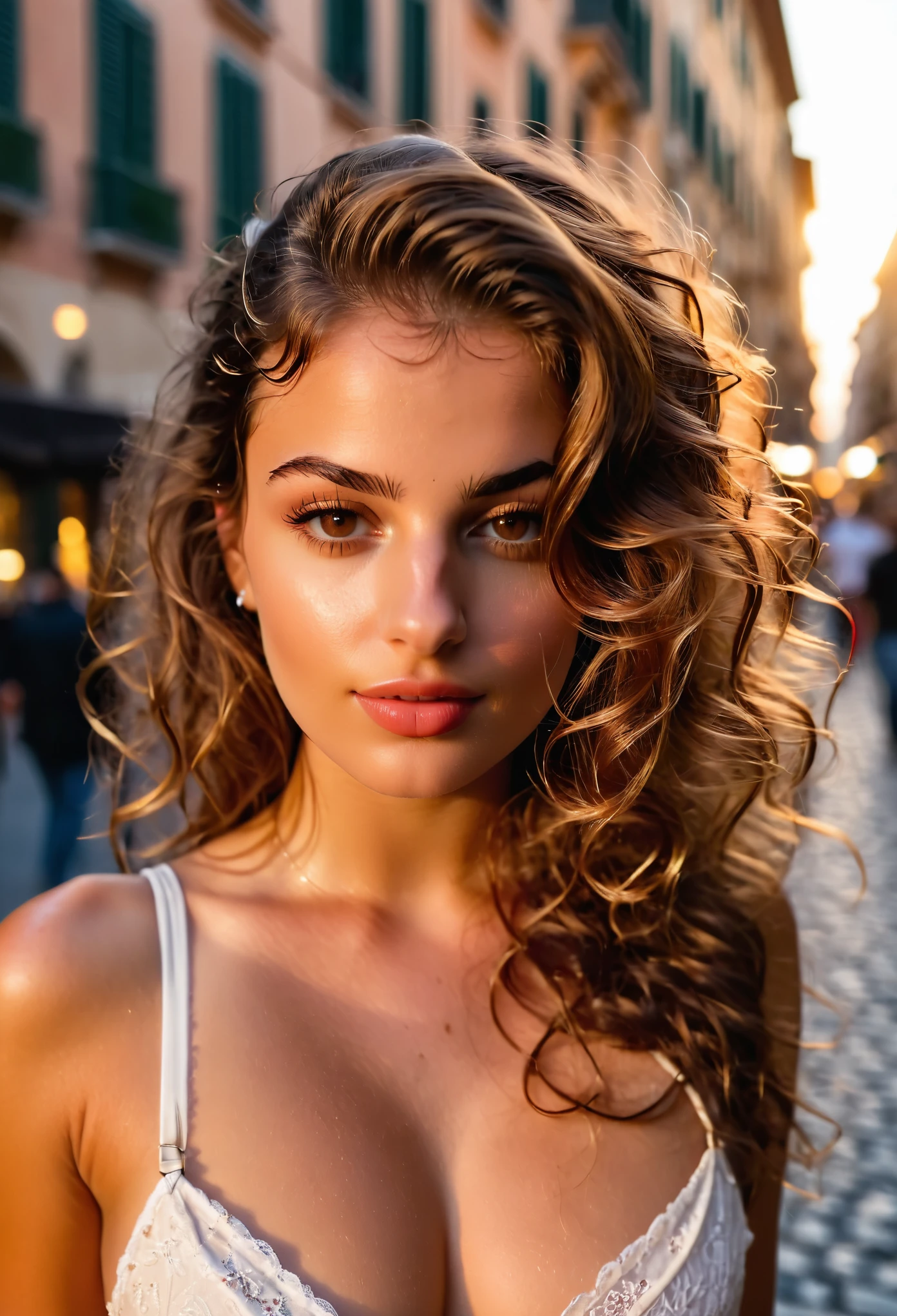 Portrait of an italian young woman in the heart of the bustling city during the golden hour using a DSLR with an 85mm prime lens, aiming for a dreamy and peaceful mood in a close-up shot with f/1.8 aperture, 1/320 sec shutter speed, and ISO 100 from a normal angle and eye line. Her long, wavy chestnut hair cascades down her back, framing her elegant features. Expressive brown eyes gazing directly at the viewer. Her rosy lips are parted slightly, revealing a hint of a playful smile. Sweaty.