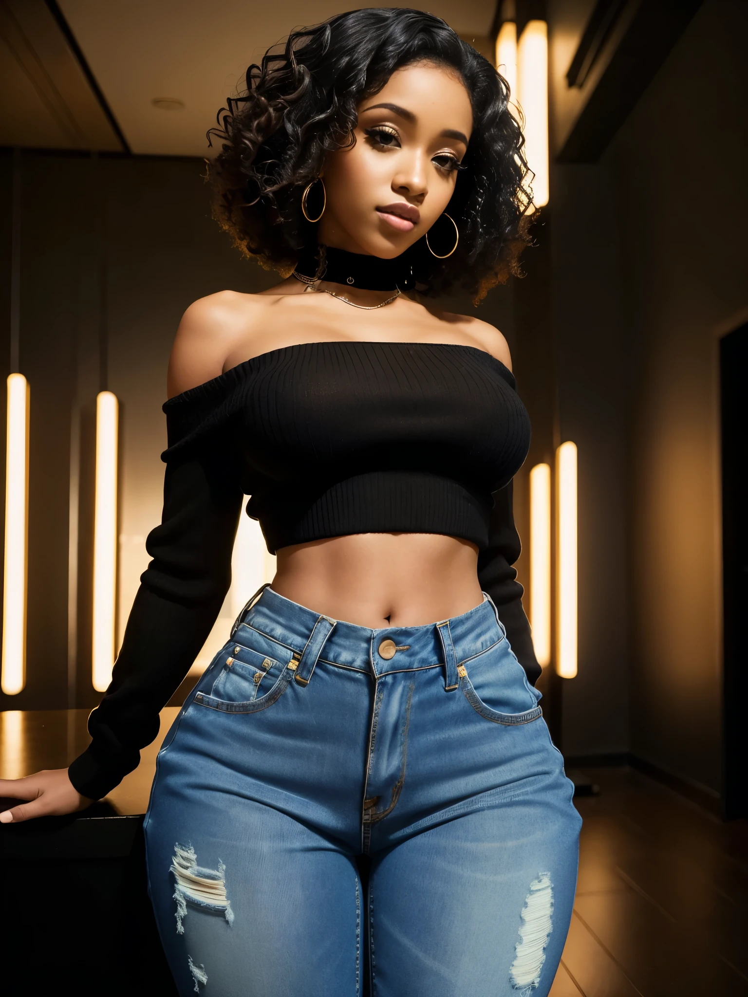 Foto hiperrealista en primer plano de Cardi B, masterpiece, best quality, (photorealistic:1.4), full body, (crop top sweater and high-waist jeans:1.1), black loose sophisticated curly hairstyle, professionally posing for a photoshoot, showing tits and pussy, neons, cinematic light, beautiful woman, skinny, large breasts, perfect body and shape, detailed face, slutty face, looking straight at the camera, photo taken from behind