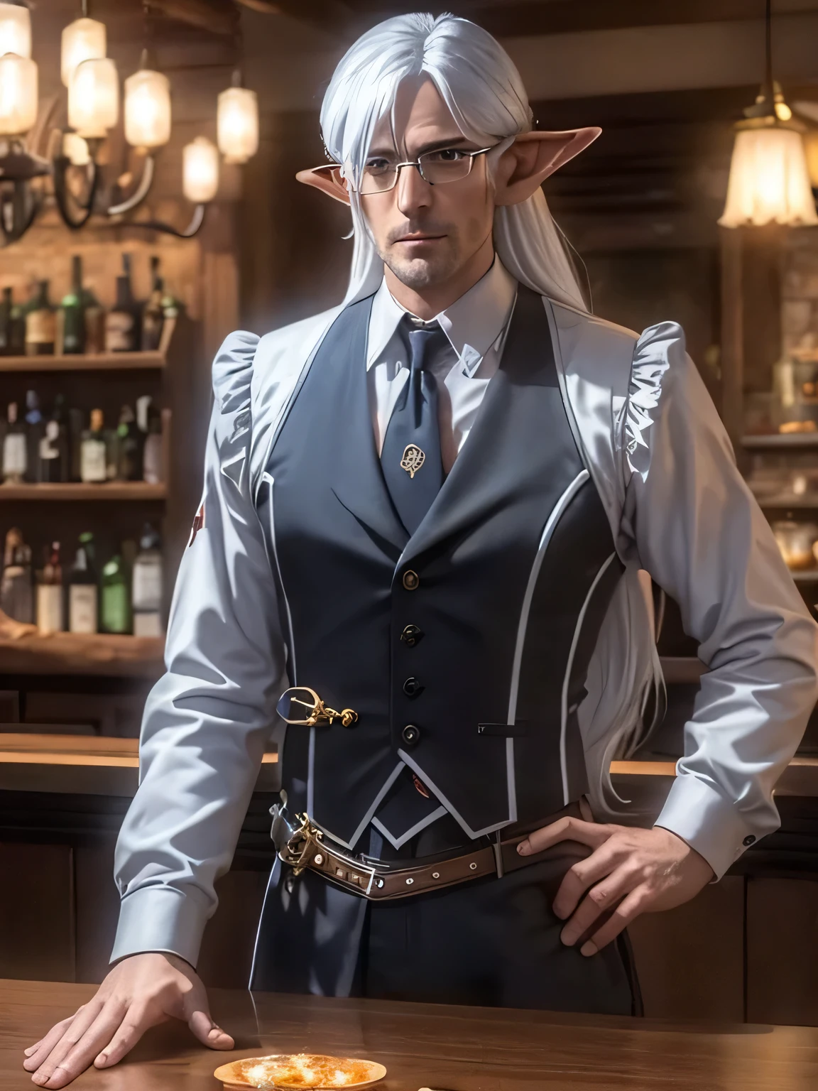 (best quality,4k,ultra-detailed,realistic:1.37),male elf in butler attire,black eyes,long silver hair,topknot,stern expression,standing at bar,bar counter,crystal goblets,smoky atmosphere,subdued lighting,rich wood tones,art deco design,luxurious surroundings,gentlemanly demeanor,observant eyes,confident posture,sparkling clean glasses,refined taste in drinks,hints of magic in the air