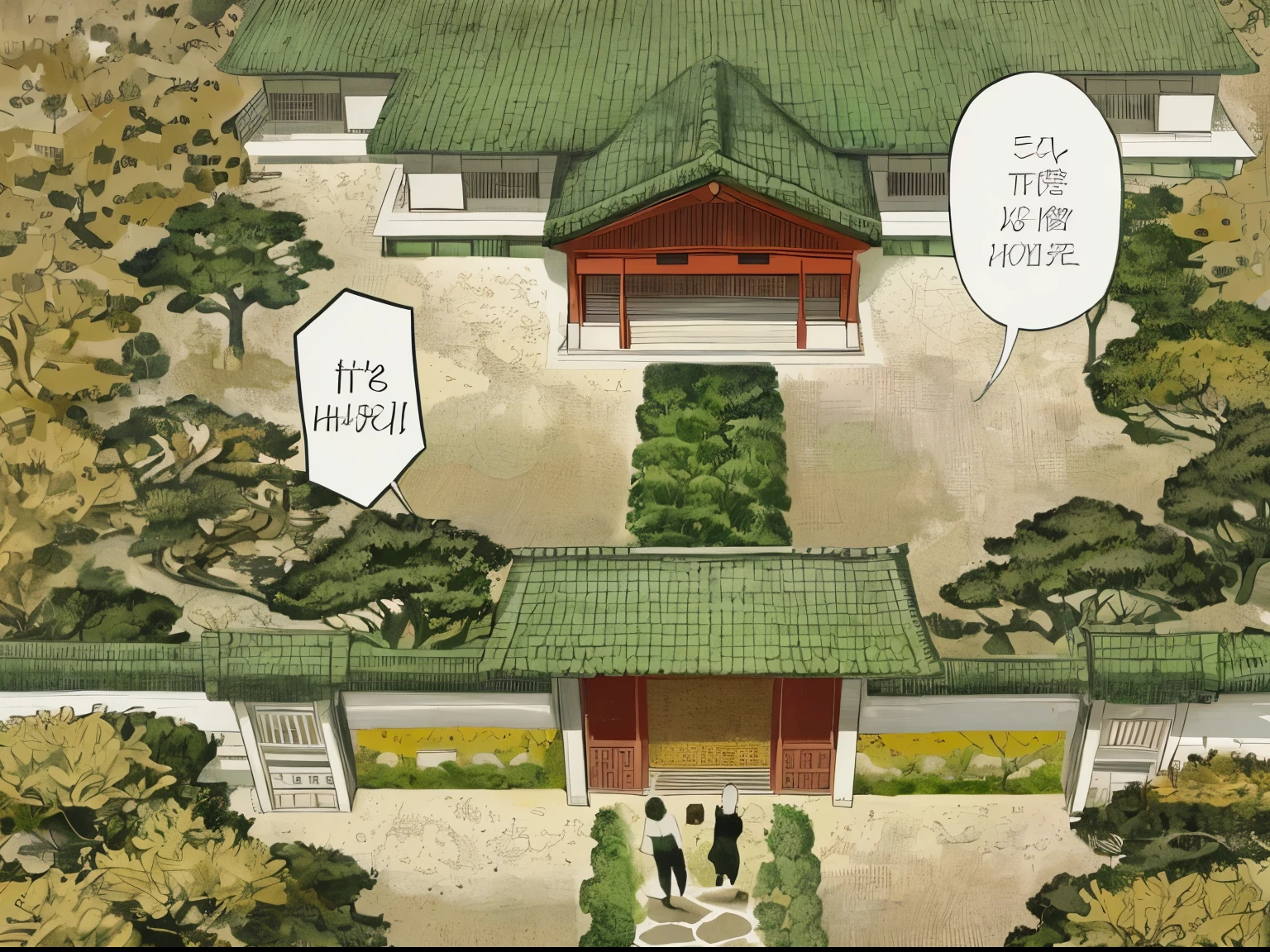 Plan view image of a large traditional eastern house, with some trees, two people at the entrance, manga style