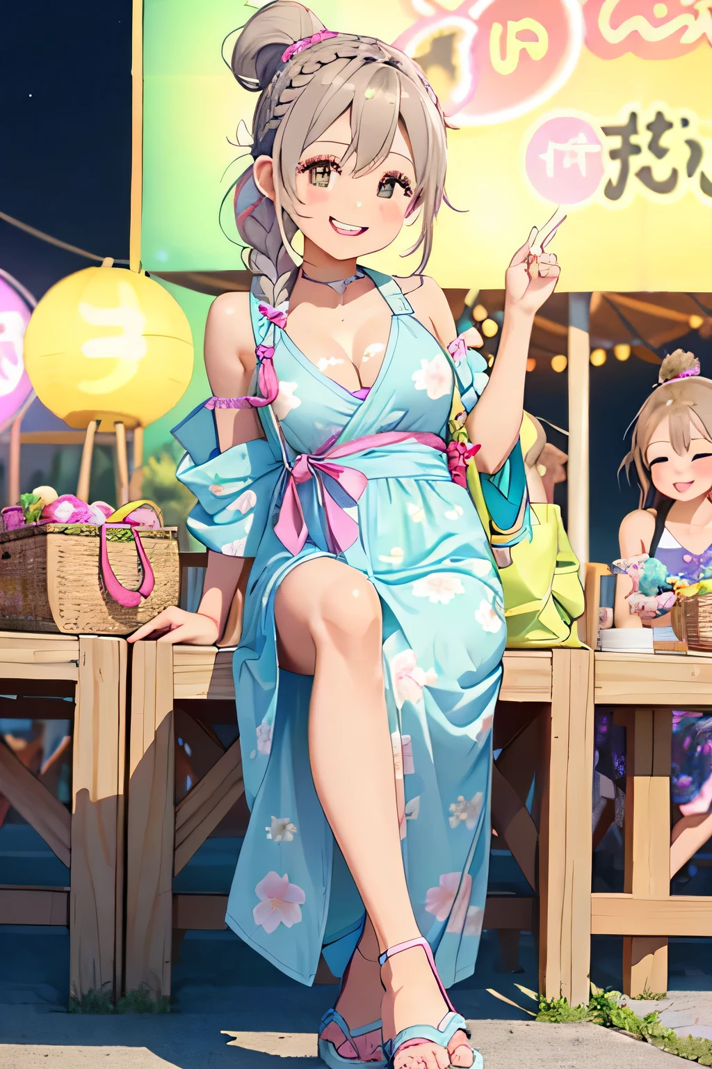 detailed background、highest quality、three beautiful age women、cute hairstyle、cute hair color、huge breasts、smile、Fresh one-piece style、Choose a yukata with a floral pattern or pastel colors、Pair your feet with flat sandals or sneakers..、Add accents with a basket bag or headband、By incorporating spring-like bright colors and patterns,、,、Creates a gorgeous and cute impression、((night、深night))、((braided ponytail、braided hairstyles))、
((that'I enjoy participating in local summer festivals in the summer..))、(Enjoy festival gourmet food at food stalls)、(watch fireworks)、Participate in games and events for children、laughter、smile、smile