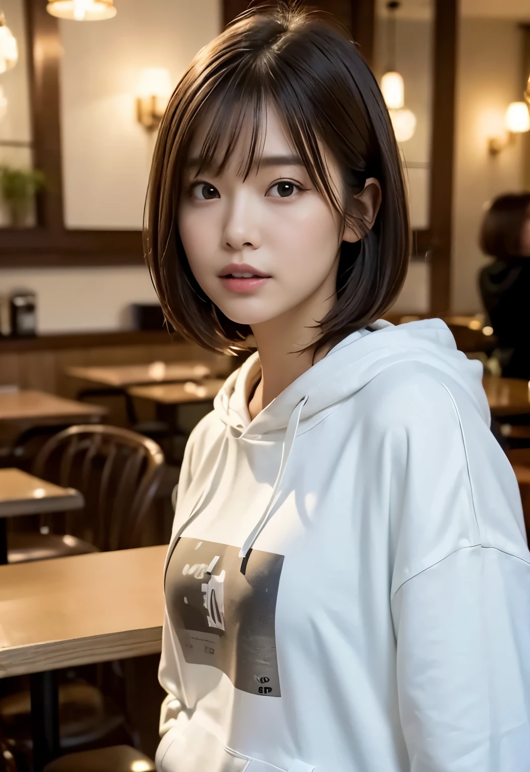 (((Cafe:1.3, indoor, Photographed from the front))), ((medium bob:1.3, hoodie, T-shirt, japanese woman, cute)), (clean, natural makeup), (highest quality, masterpiece:1.3, 超High resolution), (Super detailed, caustics), (realistic:1.4, RAW shooting), very detailed, High resolution, 16K resolution