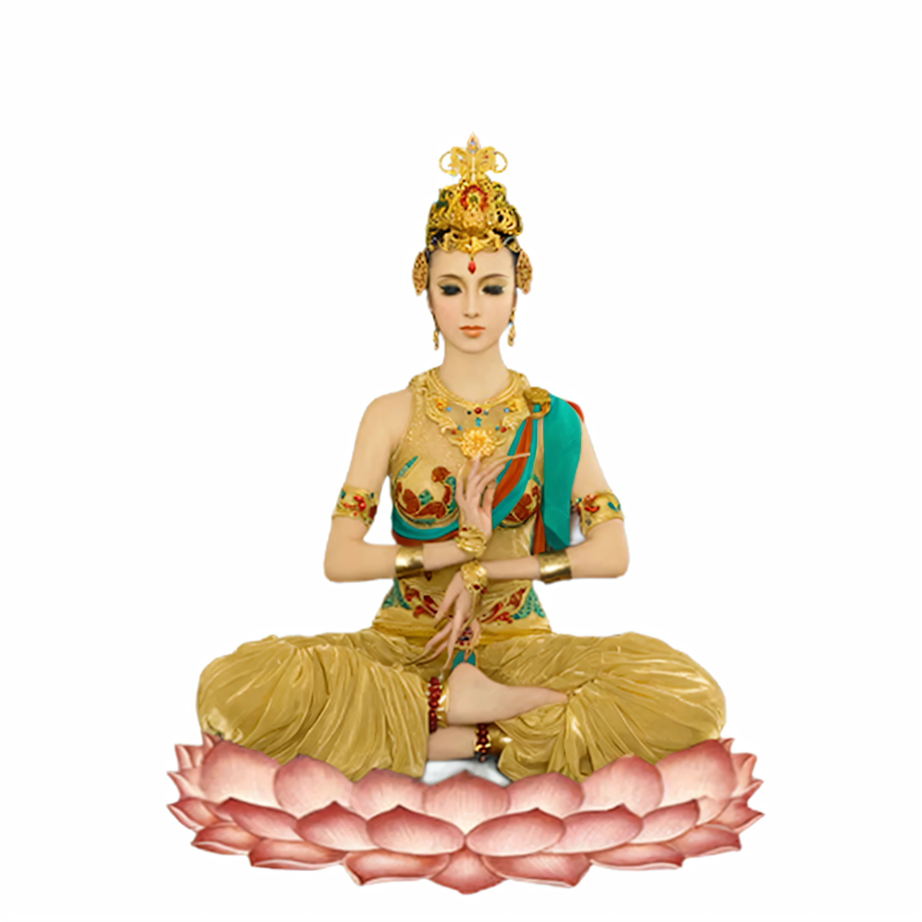 statue of a woman sitting on a lotus flower with a gold crown, indian goddess of wealth, gilded lotus princess, standing gracefully upon a lotus, sitting on a lotus flower, goddess of love and peace, contented female bodhisattva, pink lotus queen, hindu god, divine goddess, lotus, lotus pose, bodhisattva, guanyin