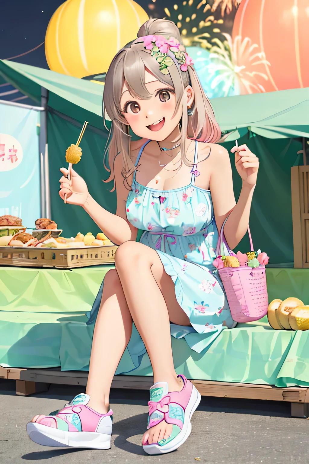 detailed background、highest quality、three beautiful women、cute hairstyle、huge breasts、smile、Fresh one-piece style、Choose dresses with floral prints or pastel colors、Pair your feet with flat sandals or sneakers..、Add accents with a basket bag or headband、By incorporating spring-like bright colors and patterns,、,、Creates a gorgeous and cute impression、((night、深night))、
((that'I enjoy participating in local summer festivals in the summer..))、(Enjoy festival gourmet food at food stalls)、(watch fireworks)、Participate in games and events for children、laughter、smile、smile