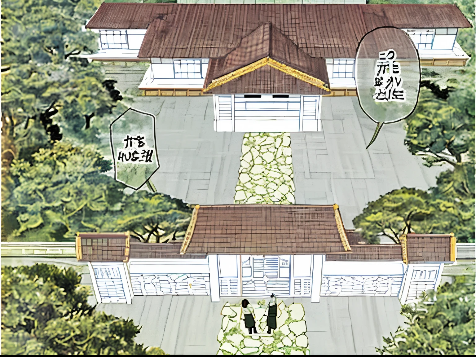 Plan view image of a large traditional eastern house, with some trees, two people at the entrance, manga style