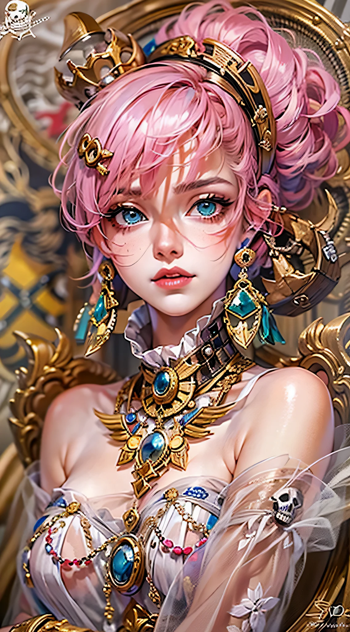 official art，unity 8k wallpaper，Super detailed，Works of cosmetology and esthetics stars，highest quality，（tangleた，datura，tangle，tangled），（fractal art：1.3），1 girl，pink hair，green eyes，very detailed，dynamic angle，cowboy shot，the most beautiful form of chaos，elegant，beastly design，bright colors，romanticism，(((the strongest pirate girl)))，((skull fashion))、in the atmosphere，notes of ecstasy，Streaming notes are displayed