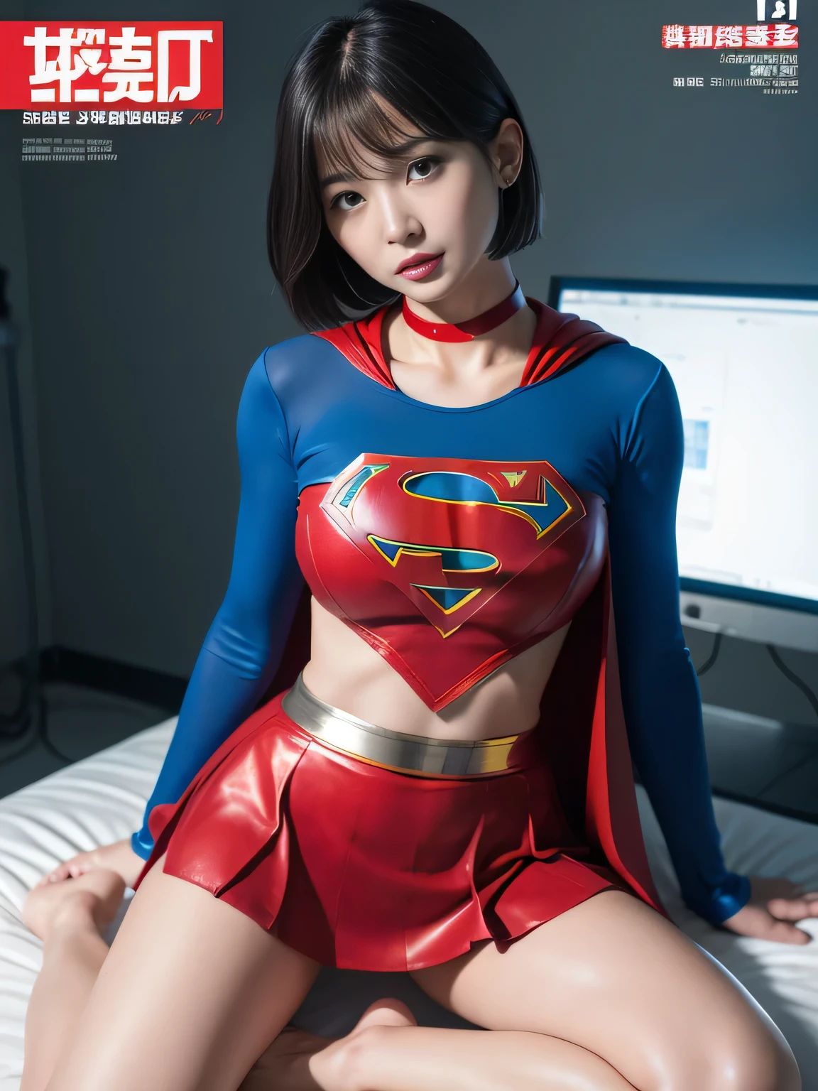 masterpiece、supergirl costume、short hair、barefoot, big and full breasts、test subject、operating room、operating table、straddle、sweating、shiny、look at the camera、sense of abuse、Estrus、choker、Weekly magazine cover、long sleeve、red mini skirt、obscene pose、Seduce、humiliating、Dosing experiment、