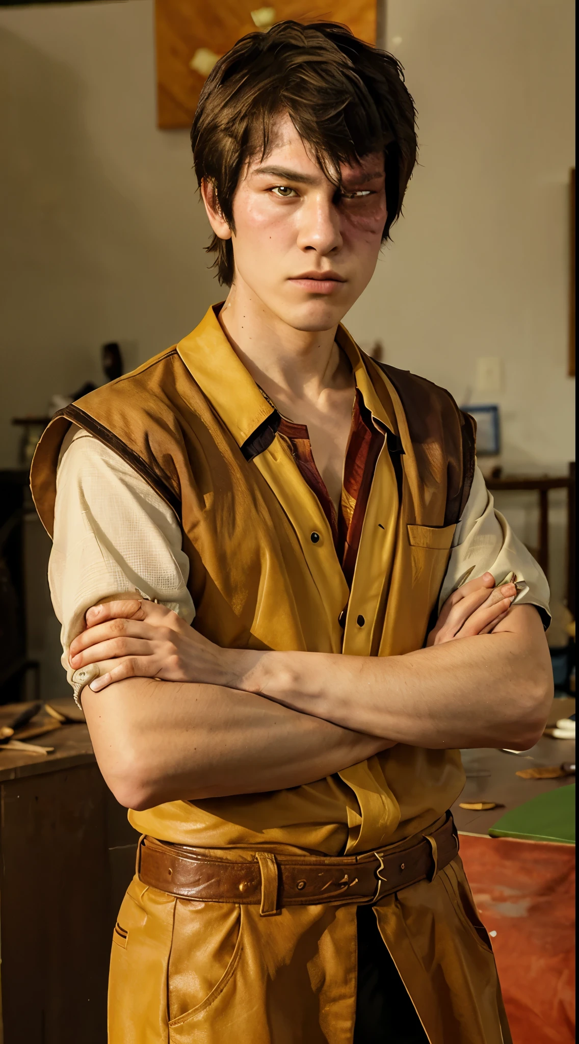 (Masterpiece, Best Quality:1.2), Cowboy shot, solo, male focus, 1boy, zuko, scar, expressionless, looking to viewer, crossed arms, Yellow eyes, japanese clothes
