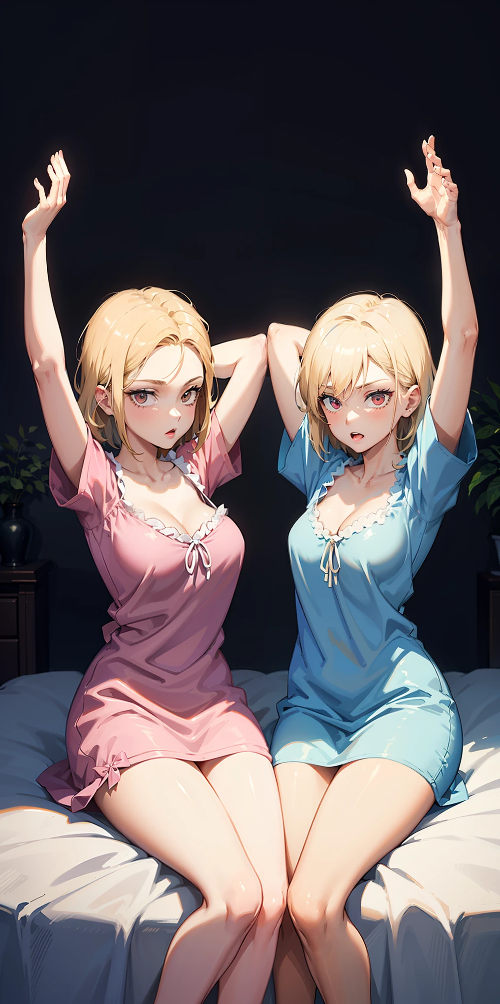 2girls (twins), sitting on red bed , arms raised in the air , front view, cute, android 18, blonde hair, shor hair, wearing pink nightgown