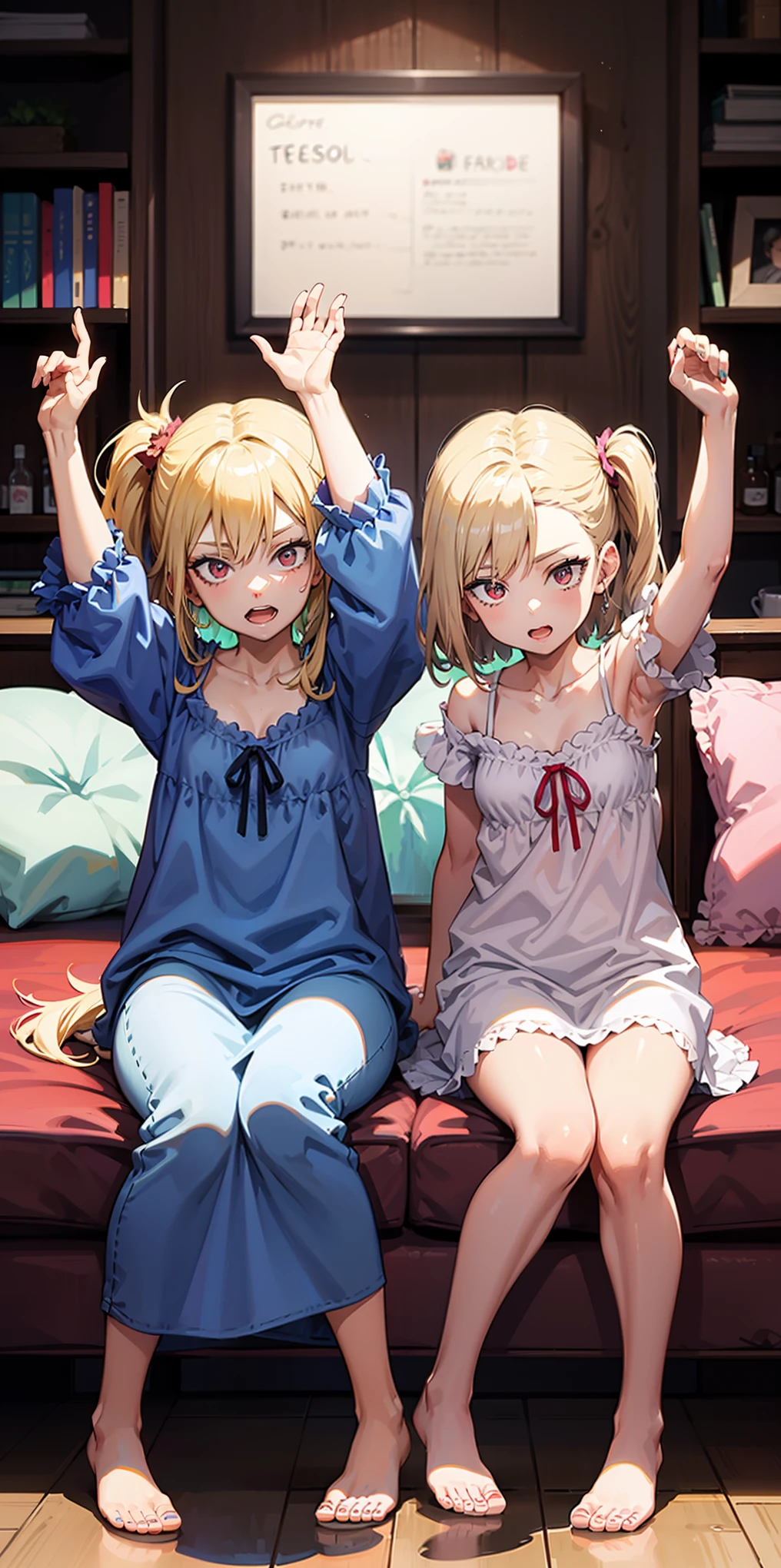 2girls (twins), sitting on red bed , arms raised in the air , front view, cute, android 18, blonde hair, shor hair, wearing pink nightgown