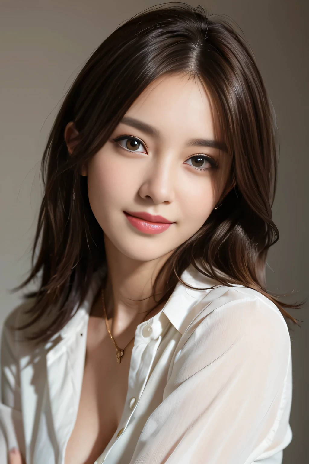 table top, highest quality, realistic, Super detailed, finely, High resolution, 8k wallpaper, 1 beautiful woman,, light brown messy hair, he is wearing an open collar dress shirt., sharp focus, perfect dynamic composition, beautiful and detailed eyes, thin hair, Detailed realistic skin texture, smile, close-up portrait, model body shape