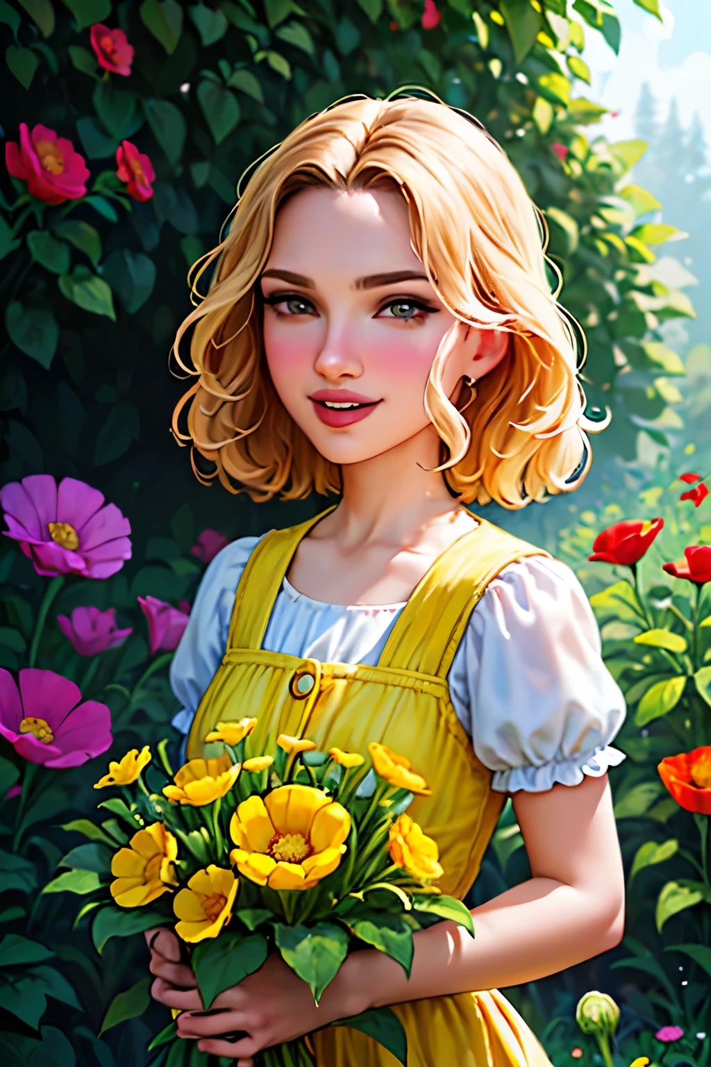 (pixarstyle: 1.25) portrait of a , Natalie Portman, smiles, waist length with flower basket overgrown with poppy flower, natural skin texture, 4k textures, hdr, complex, highly detailed, sharp focus, cinematic look, hyper-detailed