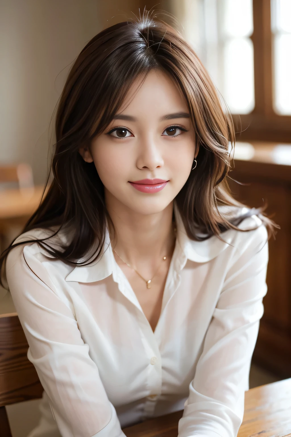 masterpiece, best quality, ultra-detailed, intricately detailed hyperdetailed, realistic, sharp features, highly detailed, sharp focus, 25years old, (face close up), (portrait), perfect face, perfect face, perfect symmetrically perfect eyes, perfect full lips, flexible female form, cinematic, film light, hyper detailed, hyper realistic, high resolution, vibrant, dynamic studio lighting, ((Dark background)), (seductive smile), medium hair, straight Bangs, brown Eyes, white blouse,