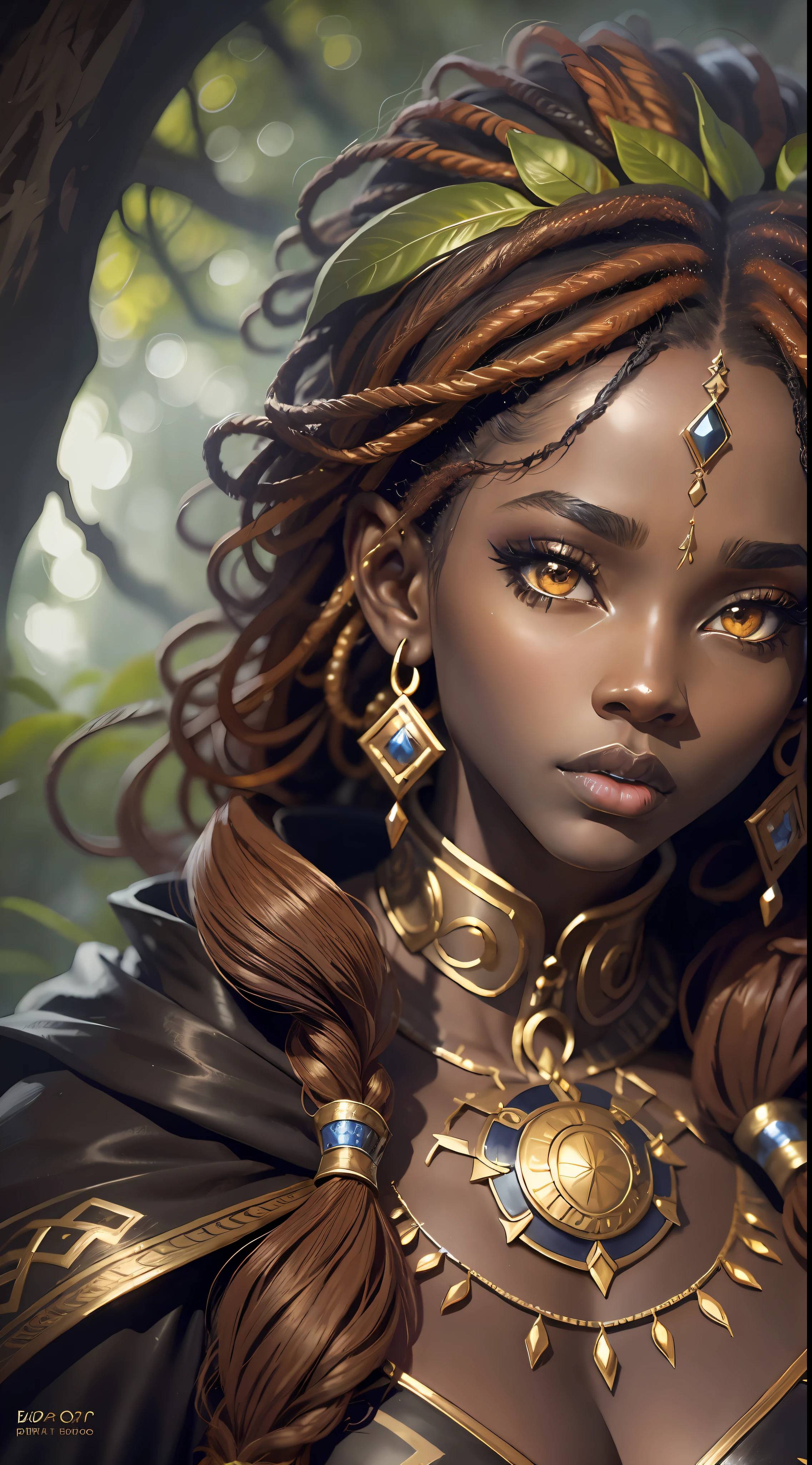Close up photo portrait of a beautiful ebony _mulher como druida, maquiagem escura, cabelo ruivo curto, grandes olhos perfeitos, Perfect big lips,, epic character composition, vista frontal, atmospheric scene, obra de arte, melhor qualidade, (Rosto lindo detalhado, detalhe da textura da pele, corpo ultra-detalhado:1.1), diffuse lighting