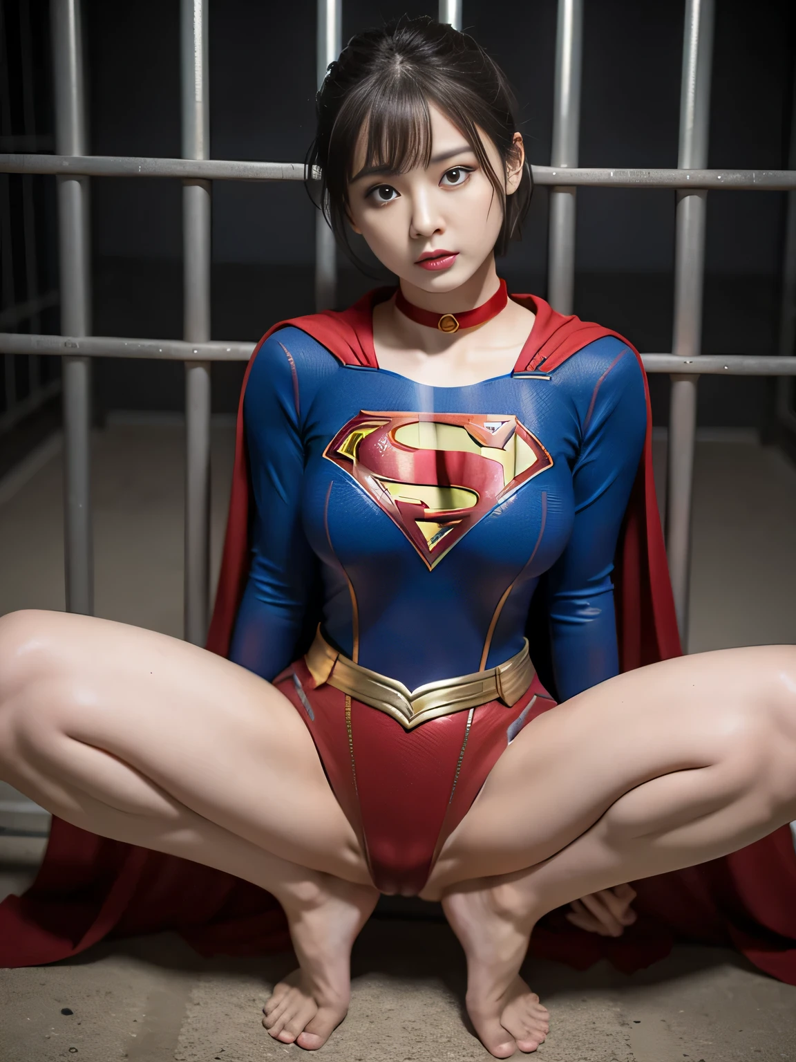 masterpiece、supergirl costume、short hair、barefoot、big and full breasts、Crisis situation、prison、in a cage、sense of abuse、torture、spread your legs、Poor land、shiny、looking at camera、Seduce、choker、long sleeve、red sexy pose、POW camps、humiliating、