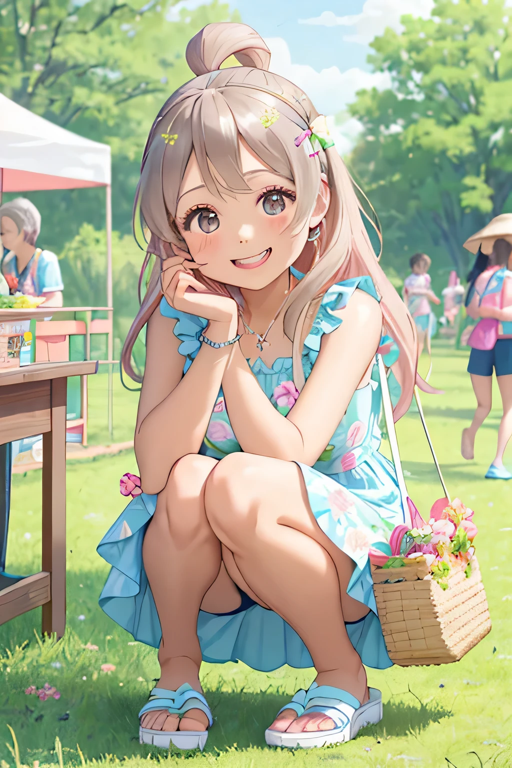 Anime girl sitting on the grass with a basket of flowers - SeaArt AI