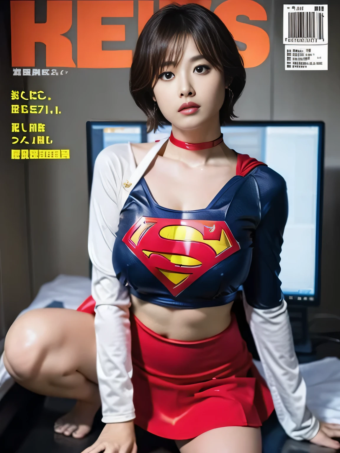 masterpiece、supergirl costume、short hair、barefoot、big and full breasts、Crisis situation、operating room、operating table、straddle、Sweat、shiny、look at the camera、provoke、Estrus、choker、Weekly magazine cover、long sleeve、red mini skirt、obscene pose、Seduce、