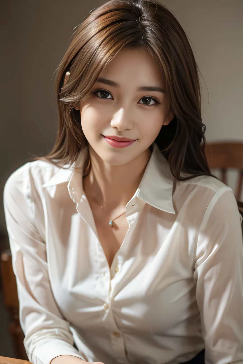 (RAW Photos), (Realistic), (masterpiece), (highest quality), High resolution, 8k, (Intricate details), (Volumetric Light), Portraiture, woman, Age 35, Medium Hair, Straight hair, Medium Chest, Layered Hair, Brown Hair, Very beautiful eyes, Source order, Very thin eyebrows, Very fine skin, Very beautiful mouth, Very nice nose, Cute like an idol, smile, (Thick lips), (Looking at the audience), (A see-through pearl white dress shirt with a collar), Above the knee shot