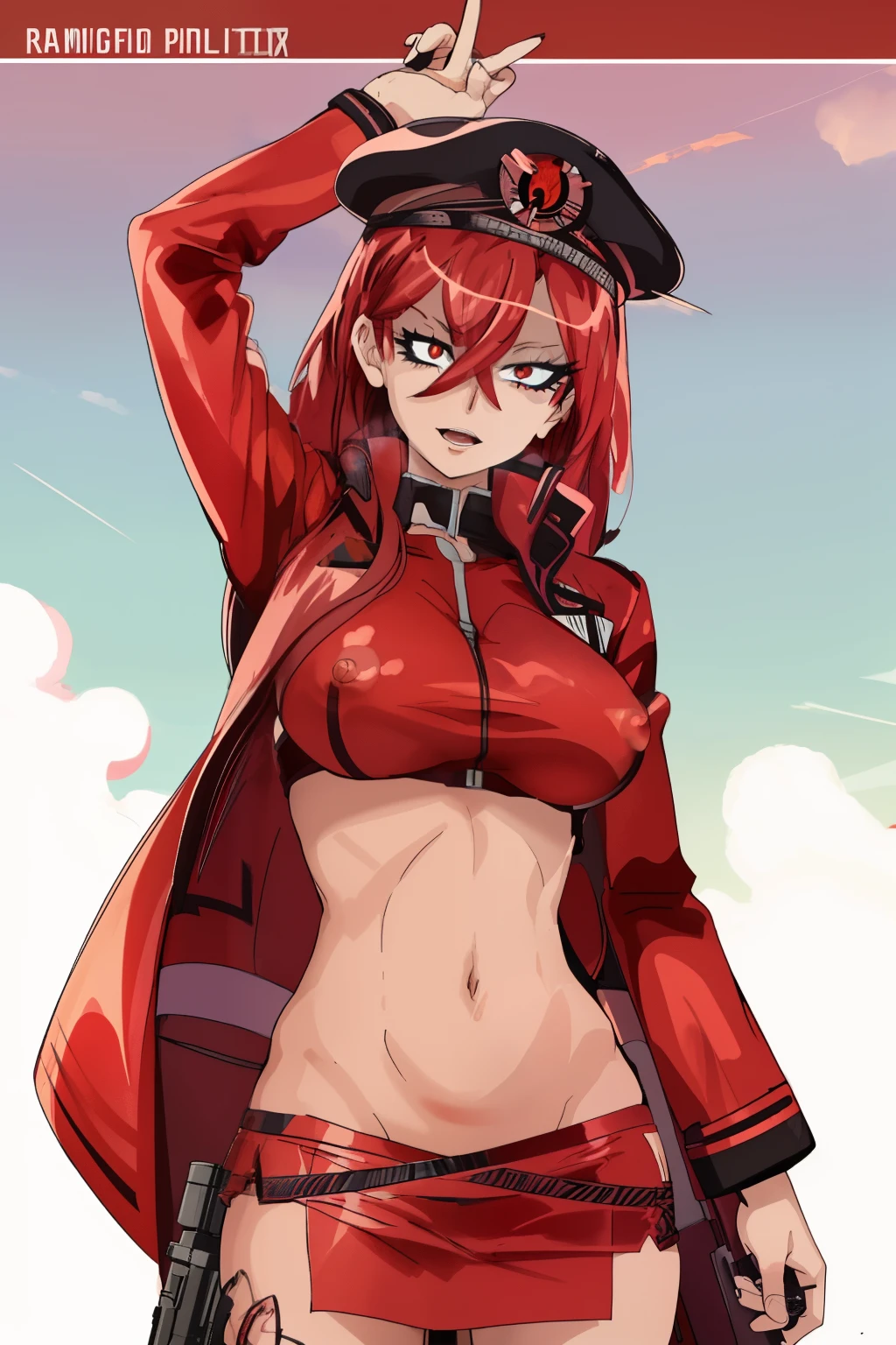 wavy hair, red eyes, red hair, long hair, frown, hair over one eye, ,large breasts, 18yo,Young female,Beautiful Fingers,Beautiful long legs,Beautiful body,Beautiful Nose,Beautiful character design, perfect eyes, perfect face,expressive eyes,masterpiece, best quality, highly detailed, a girls with a gun, open mouth, blazer, sexy gaze, (nsfw) not
safe for work, badass pose , evil smile, smile, guns blazing, anime girl with long hair, beautiful long
haired girl, navel, evil expression, exposed belly, exposed navel, exposed midriff, exposed lower belly,
micro miniskirt, micro pencil skirt, pencil skirt ,holding a gun, outdoor,street,road