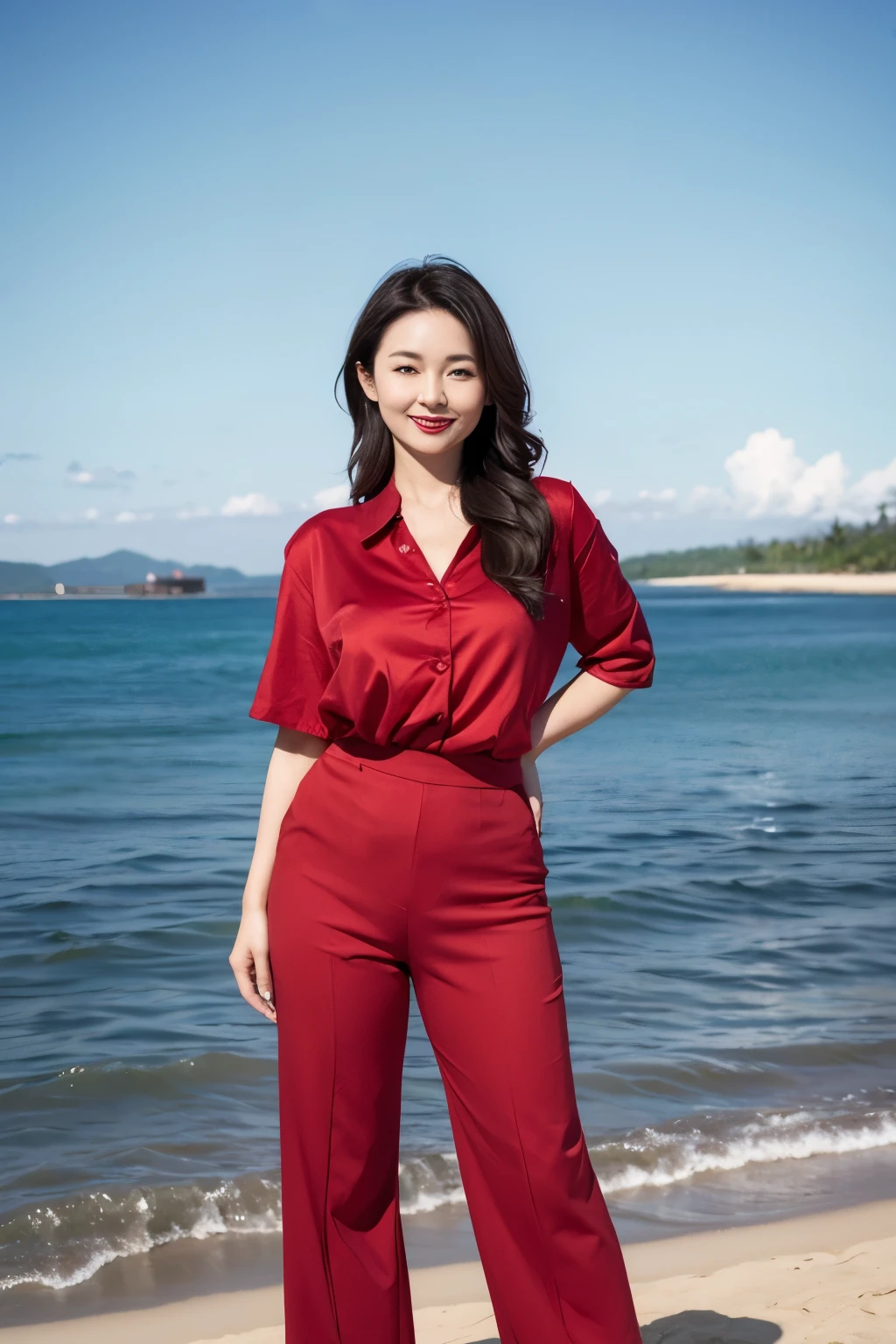 Draw lips correctly, red lipstick, from chest up, best quality, Super detailed, lifelike, Super fine skin, perfect anatomy, (1 日本Mature的女人), (alone),Wear a red shirt,short sleeves,blue pants,wavy long hair,37-year-old female,Mature,charming smile,beautiful beach background,stand,Leg length,Chubby,Big breasts,stand up,full-body shot