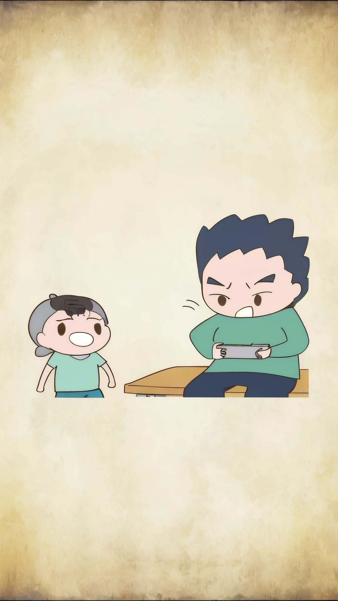 Cartoon of a man and a man sitting on a bench, Japanese animation style, they fought very angry, mischief expression, Still from TV animation, play games, through new arts, daily生活, daily, scold, Japanese cartoon style, punchable expression, it is visibly angry at the tv, High quality fan art, mischief!!