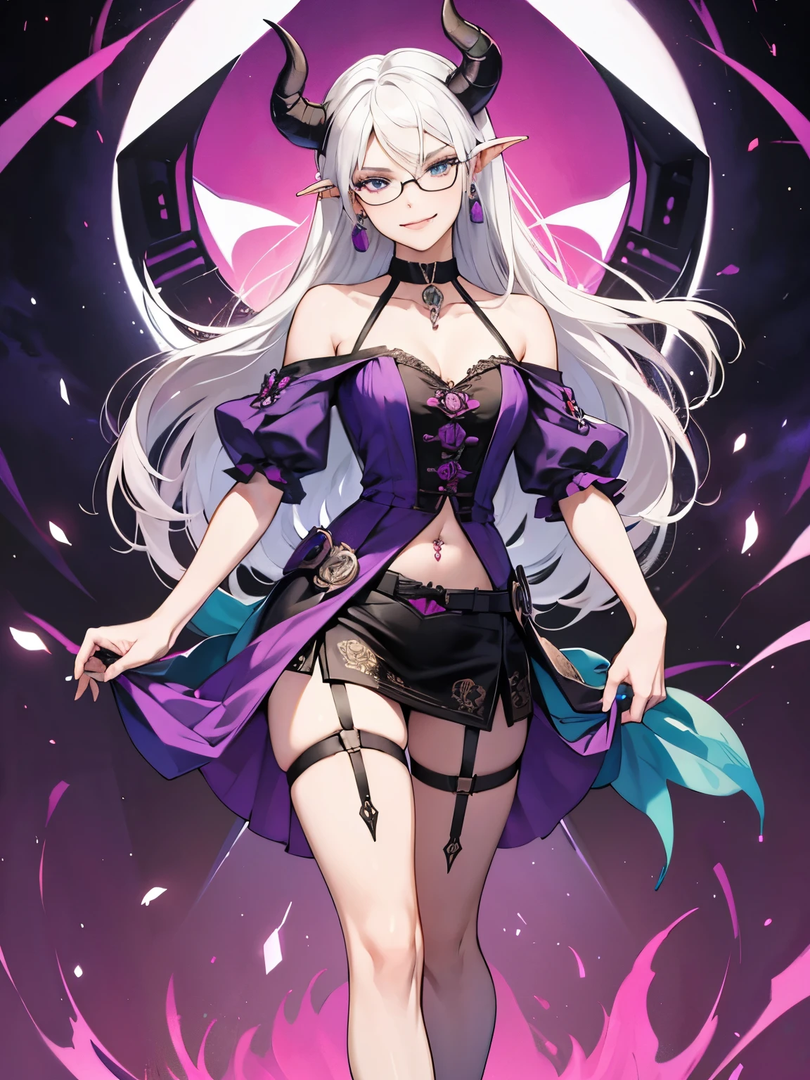 8k, masterpiece, best quality, 1girl, solo, beautiful face, tiefling, warlock, white hair, long hair, glasses, earrings, mole under left eye, sexy, miniskirt, garter belt, high heels, navel piercing, purple and teal dress, collar bone, villainous, smirk, flirtatious, fullbody view, standing, looking at viewer, rose tattoo.