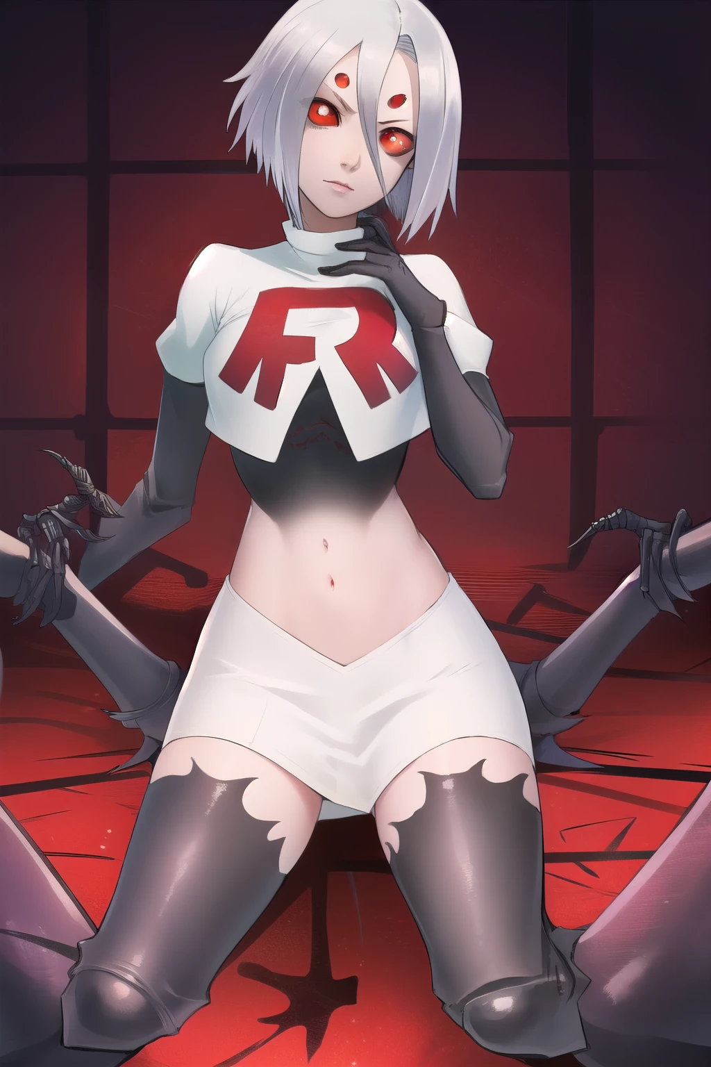 rachneraarachnera, rachnera arachnera, arachne, arthropod girl, (extra eyes:1.5), hair between eyes, insect girl, monster girl, multiple legs, short hair, spider girl, claws, (red eyes:1.5), white hair,
BREAK team rocket,team rocket uniform,white skirt,red letter R,crop top,black thigh-highs,black elbow gloves
BREAK looking at viewer,
BREAK (masterpiece:1.2), best quality, high resolution, unity 8k wallpaper, (illustration:0.8), (beautiful detailed eyes:1.6), extremely detailed face, perfect lighting, extremely detailed CG, (perfect hands, perfect anatomy),