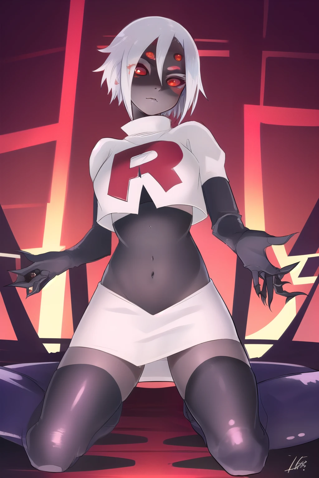 rachneraarachnera, rachnera arachnera, arachne, arthropod girl, (extra eyes:1.5), hair between eyes, insect girl, monster girl, multiple legs, short hair, spider girl, claws, (red eyes:1.5), white hair,
BREAK team rocket,team rocket uniform,white skirt,red letter R,crop top,black thigh-highs,black elbow gloves
BREAK looking at viewer,
BREAK (masterpiece:1.2), best quality, high resolution, unity 8k wallpaper, (illustration:0.8), (beautiful detailed eyes:1.6), extremely detailed face, perfect lighting, extremely detailed CG, (perfect hands, perfect anatomy),