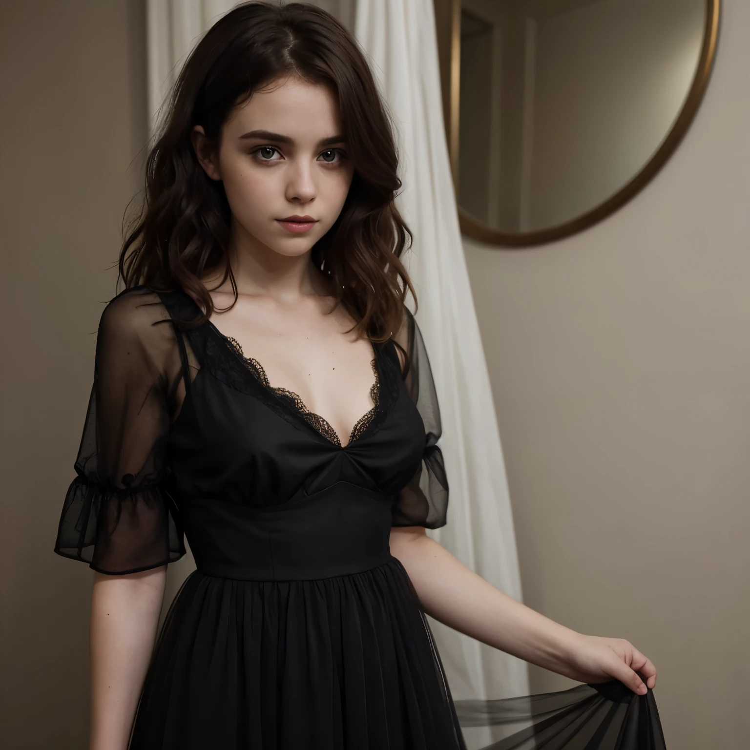 Sophia Lillis, plump thick body, long wavy hair, goth, sheer dress