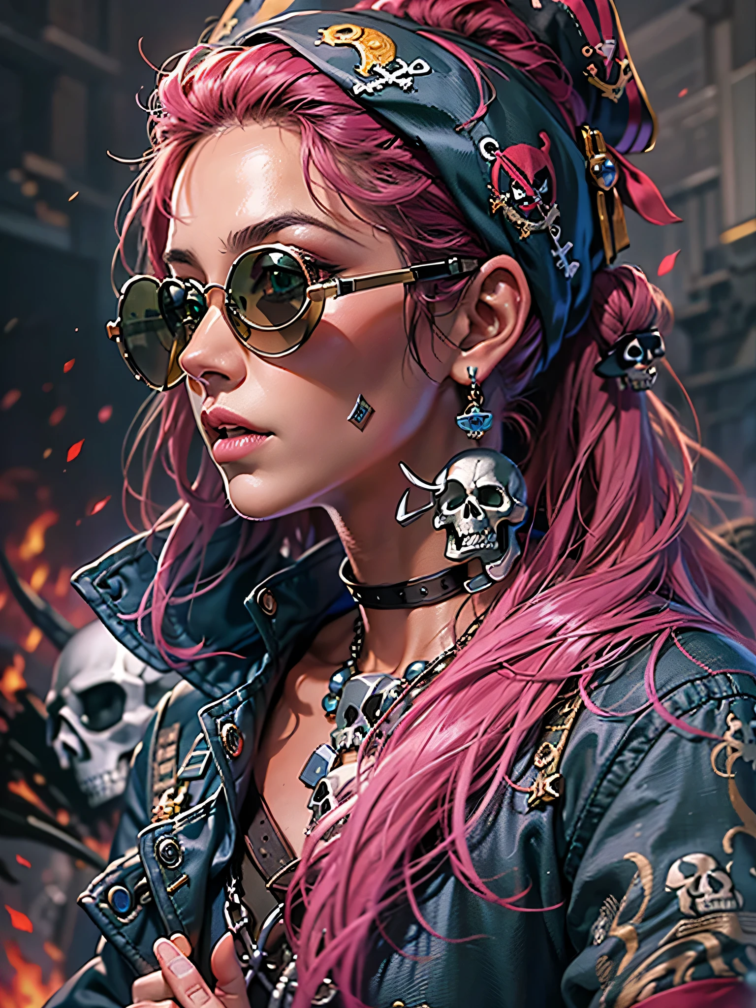 official art,unity 8k wallpaper,Super detailed,Works by stars of the beauty and esthetics industry,highest quality,(and colorful graffiti walls),1 girl,pink hair,green eyes,very detailed,dynamic angle,Pirate Shots,the most beautiful form of chaos,elegant,beastly design,bright colors,romanticism,(((historic(the strongest pirate girl))),((Stylish sunglasses))、pirate bandana、(((skull fashion)))、