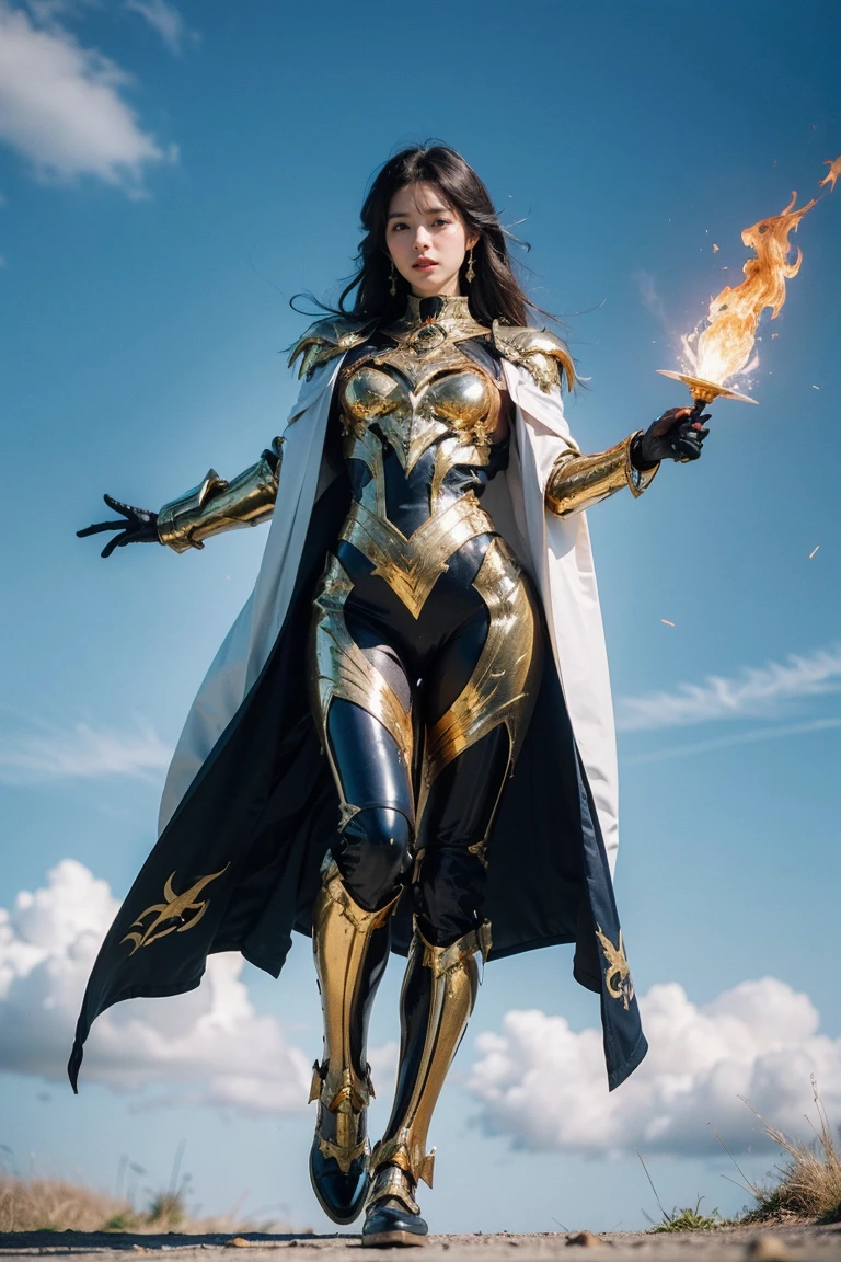 highest quality, masterpiece, realistic, High resolution, 8K RAW写真, 1 girl、long hair、goddess、Raise your decorated sword、((glamor body:1.3))、(Body suit with flame motif、gold edge、white cloak)、silver pendant、silver earrings、(((action pose)))、(planet where the sun can be seen)、(many clouds in the sky）