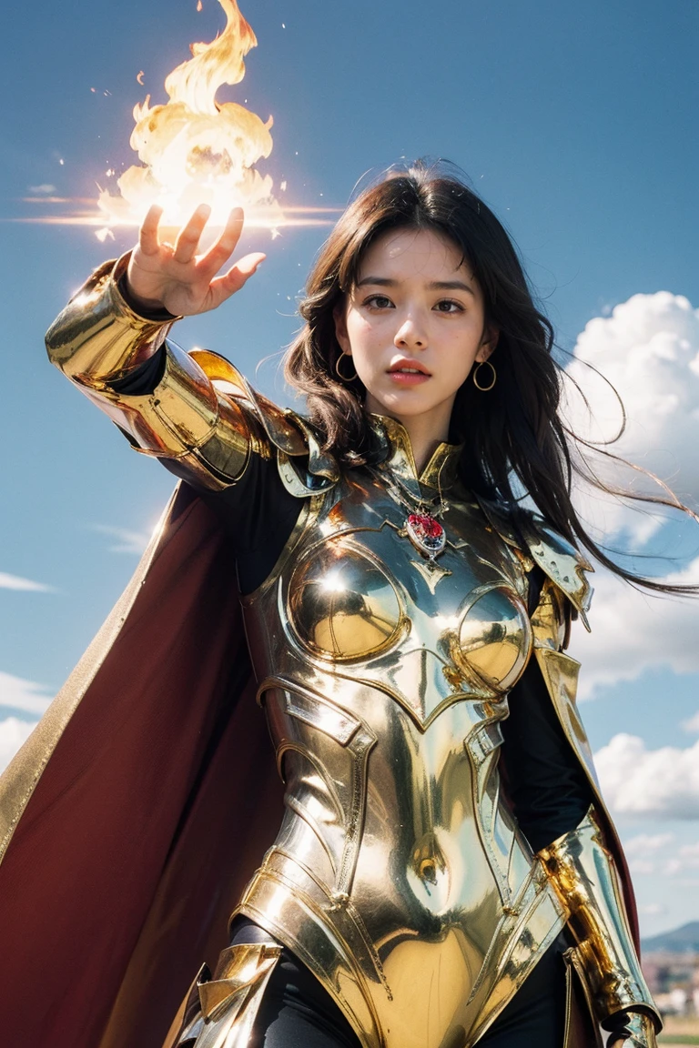 highest quality, masterpiece, realistic, High resolution, 8K RAW写真, 1 girl、long hair、goddess、Raise your decorated sword、((glamor body:1.3))、(Body suit with flame motif、gold edge、white cloak)、silver pendant、silver earrings、(((action pose)))、(planet where the sun can be seen)、(many clouds in the sky）