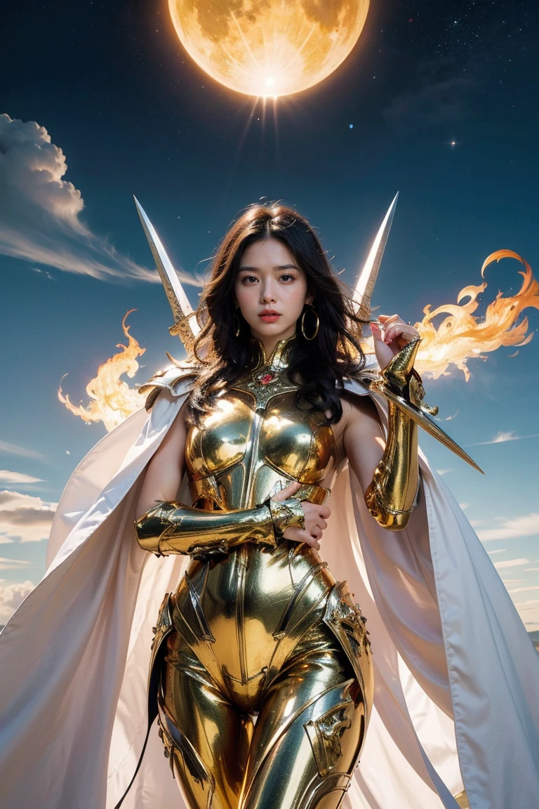 highest quality, masterpiece, realistic, High resolution, 8K RAW写真, 1 girl、long hair、goddess、Raise your decorated sword、((glamor body:1.3))、(Body suit with flame motif、gold edge、white cloak)、silver pendant、silver earrings、(((action pose)))、(planet where the sun can be seen)、(many clouds in the sky）