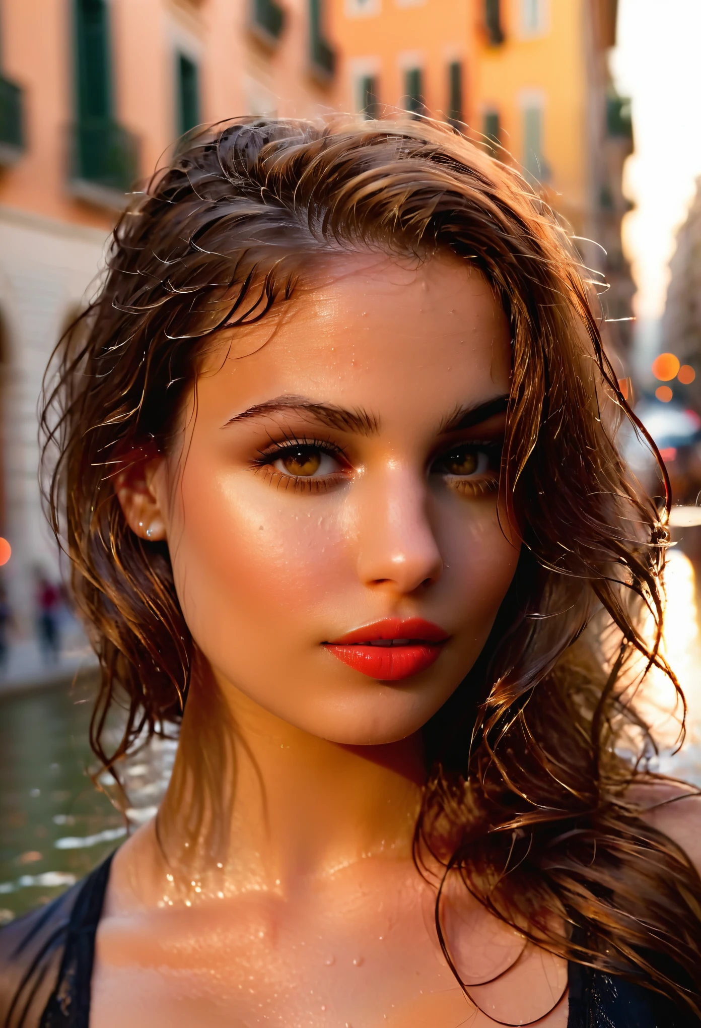 Portrait of an italian young woman in the heart of the bustling city during the golden hour using a DSLR with an 85mm prime lens, aiming for a dreamy and peaceful mood in a close-up shot with f/1.8 aperture, 1/320 sec shutter speed, and ISO 100 from a normal angle and eye line. Her long, wavy chestnut hair cascades down her back, framing her elegant features. Expressive brown eyes gazing directly at the viewer. Her rosy lips are parted slightly, revealing a hint of a playful smile. Wet. Perfect eyes.